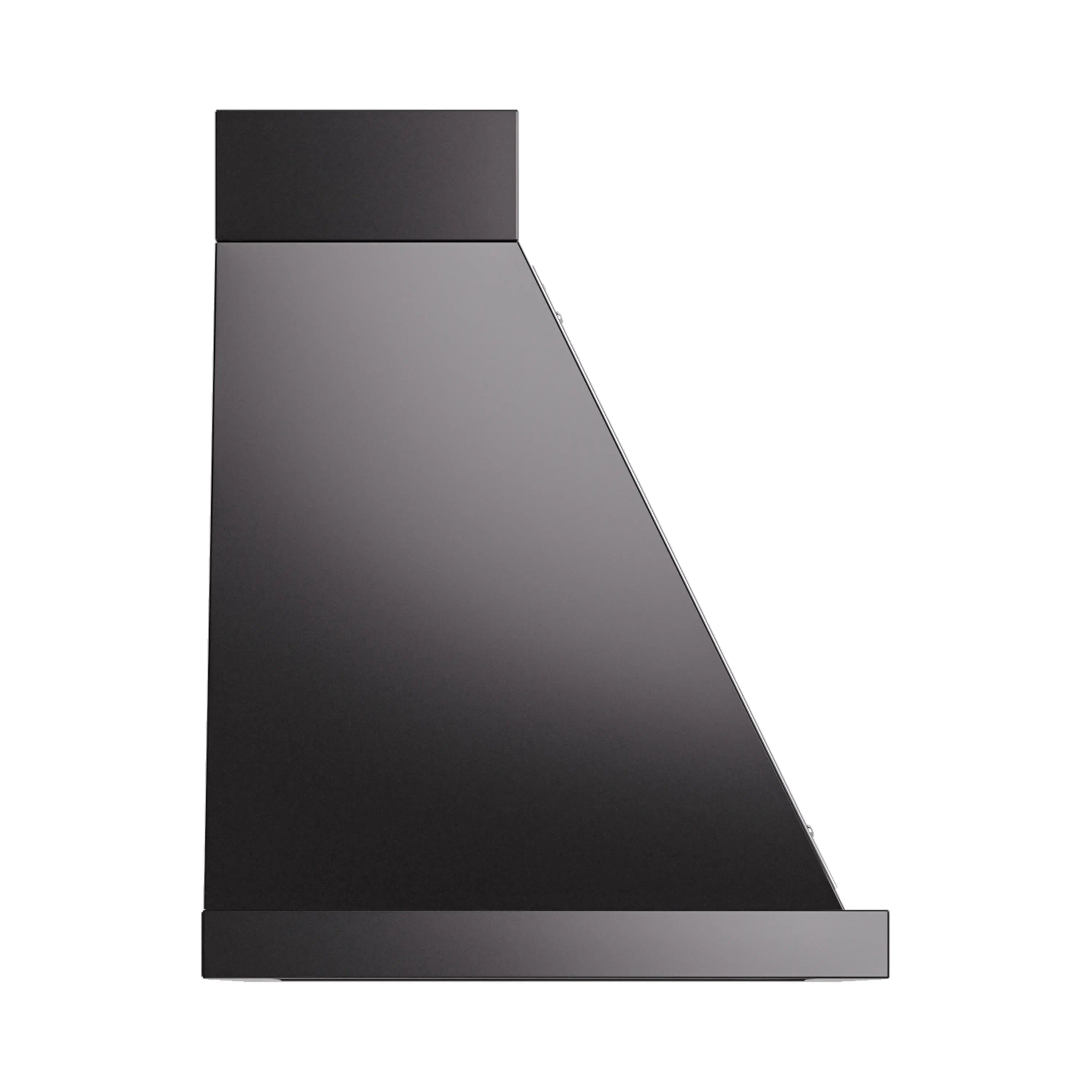 Glossy black wall range hood canopy with chrome edge trim, side view