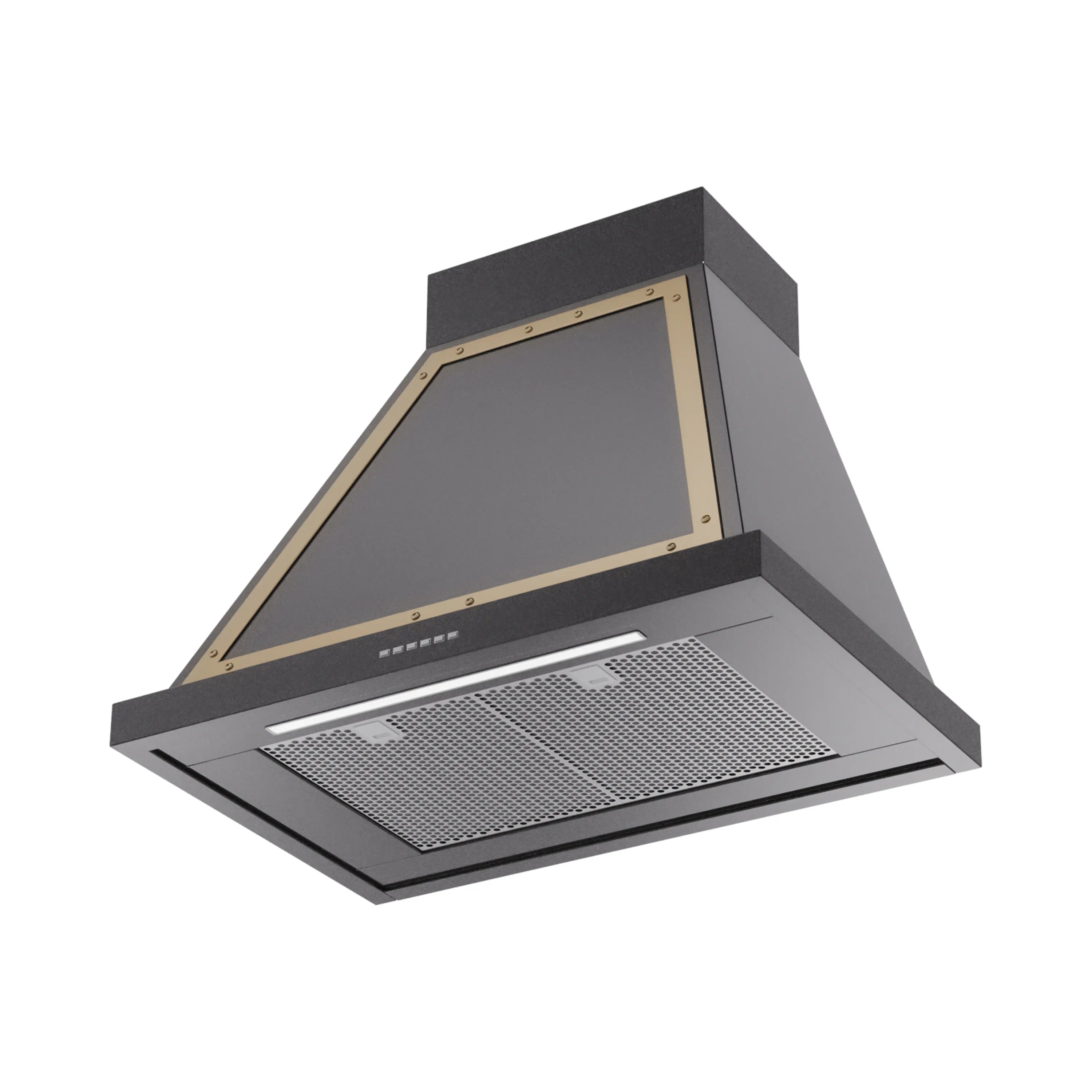 Glossy black wall range hood with brass trim, mesh filter