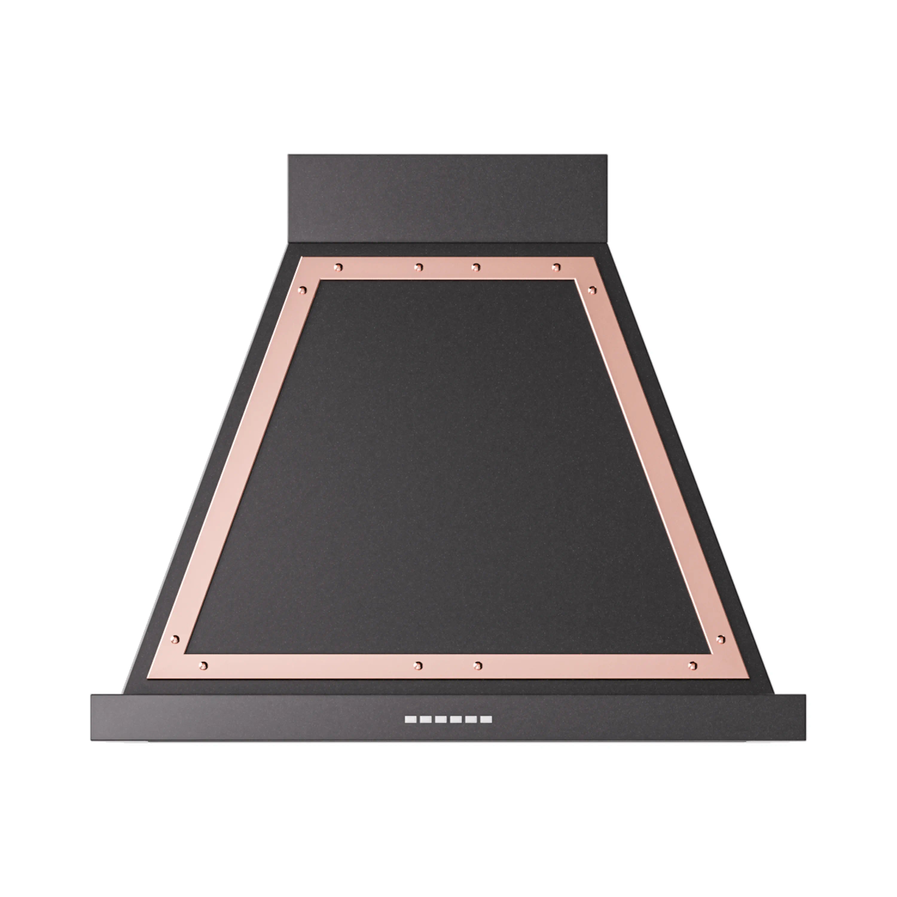 Wall-mount range hood with copper-trimmed opening, glossy black finish