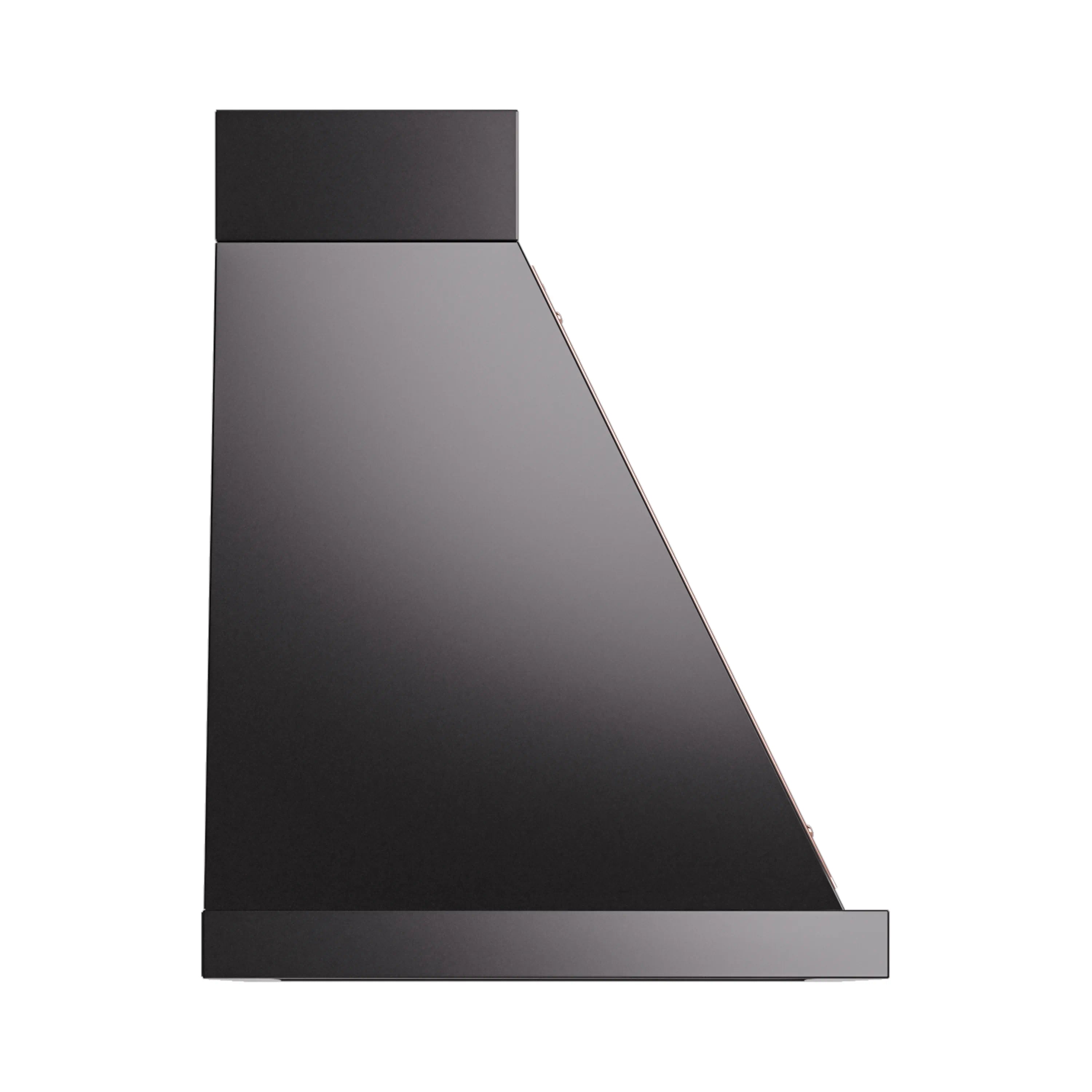Wall-mount range hood side view, glossy black body with copper trim edge