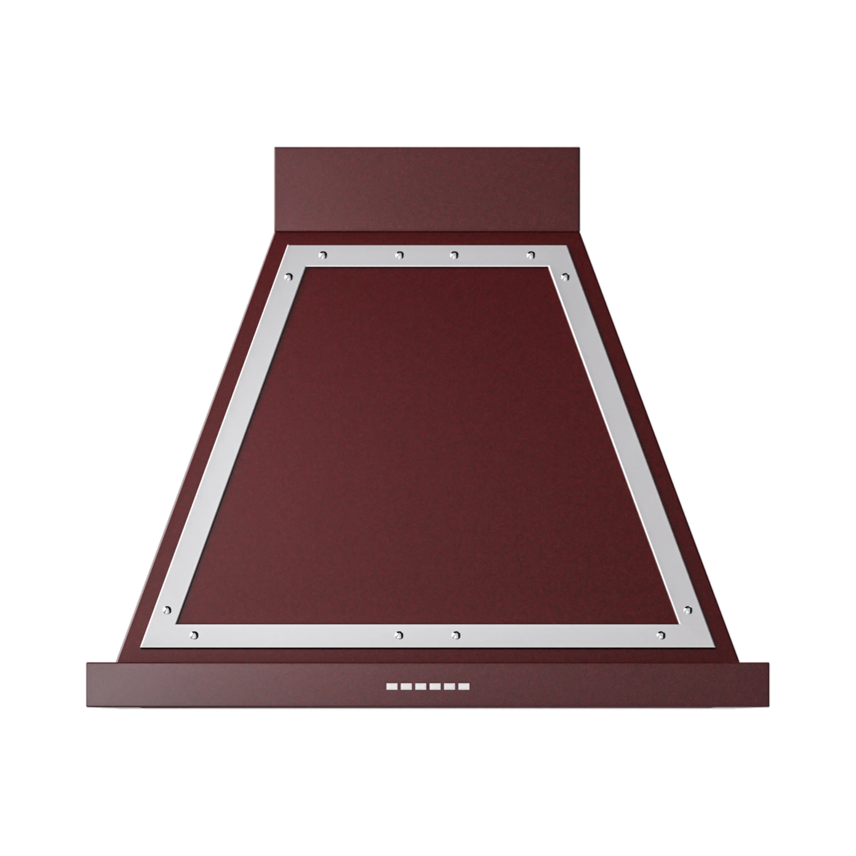 Burgundy wall-mounted range hood with chrome trim and interior vent panel