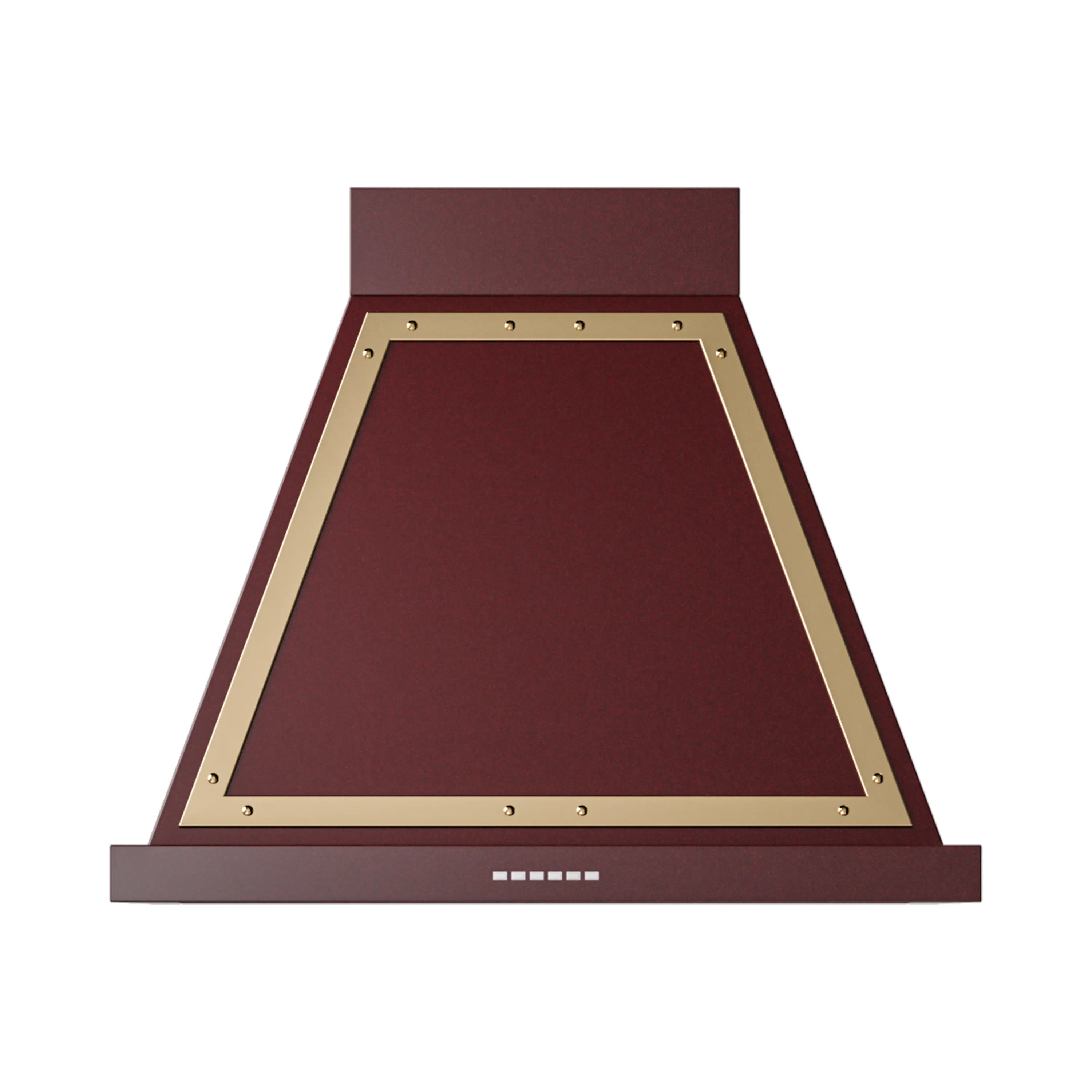 Burgundy wall-mounted range hood canopy with brass trim and vent openings