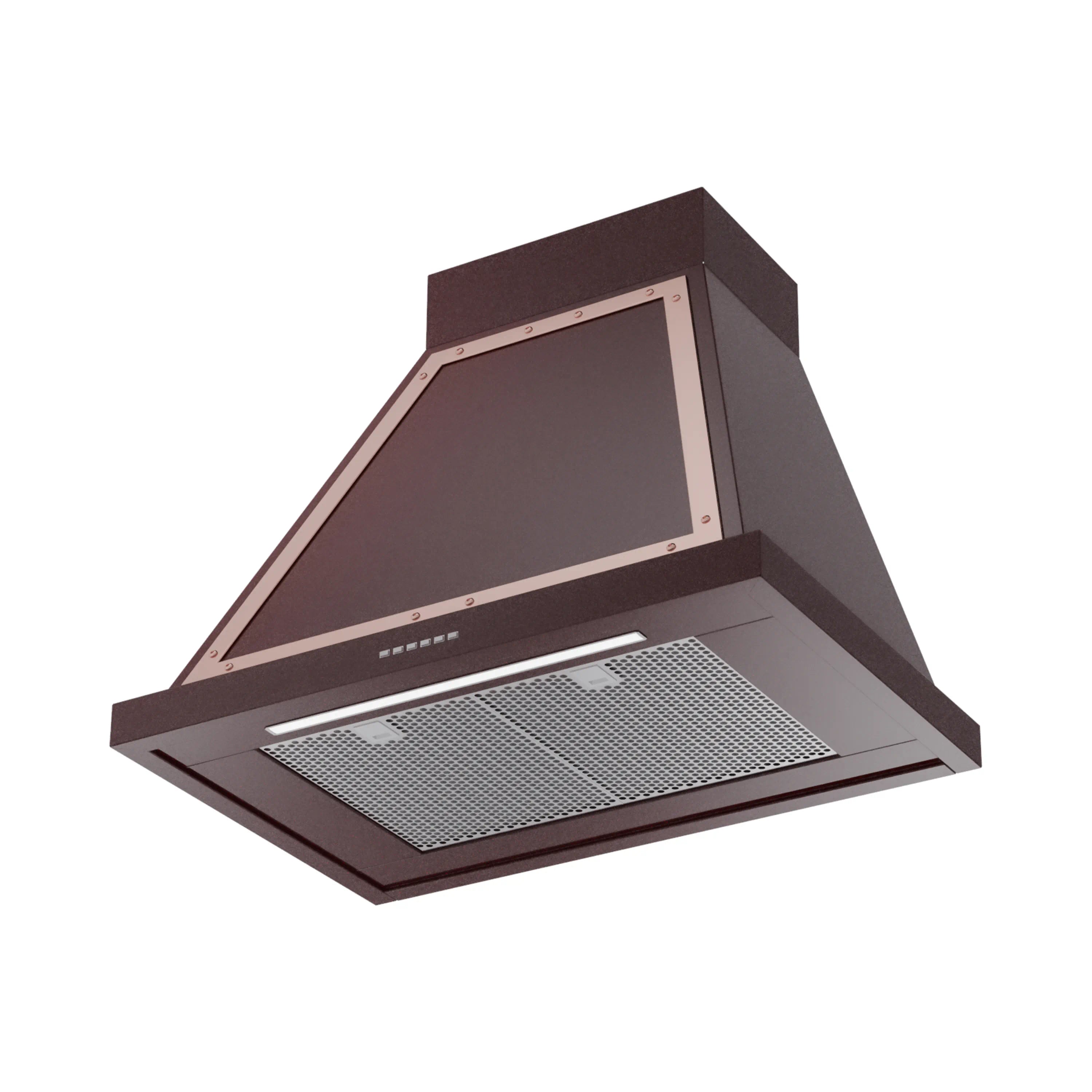 Wall mounted range hood in burgundy with copper-trimmed chimney and mesh filter