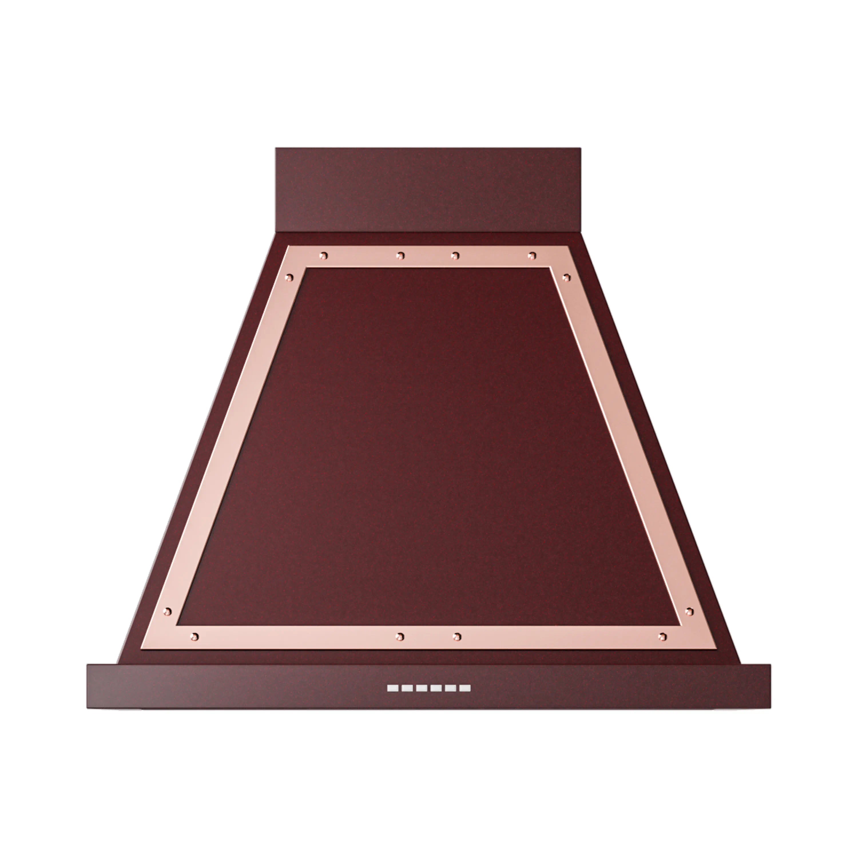 Wall mounted range hood, burgundy canopy with copper frame and front vent