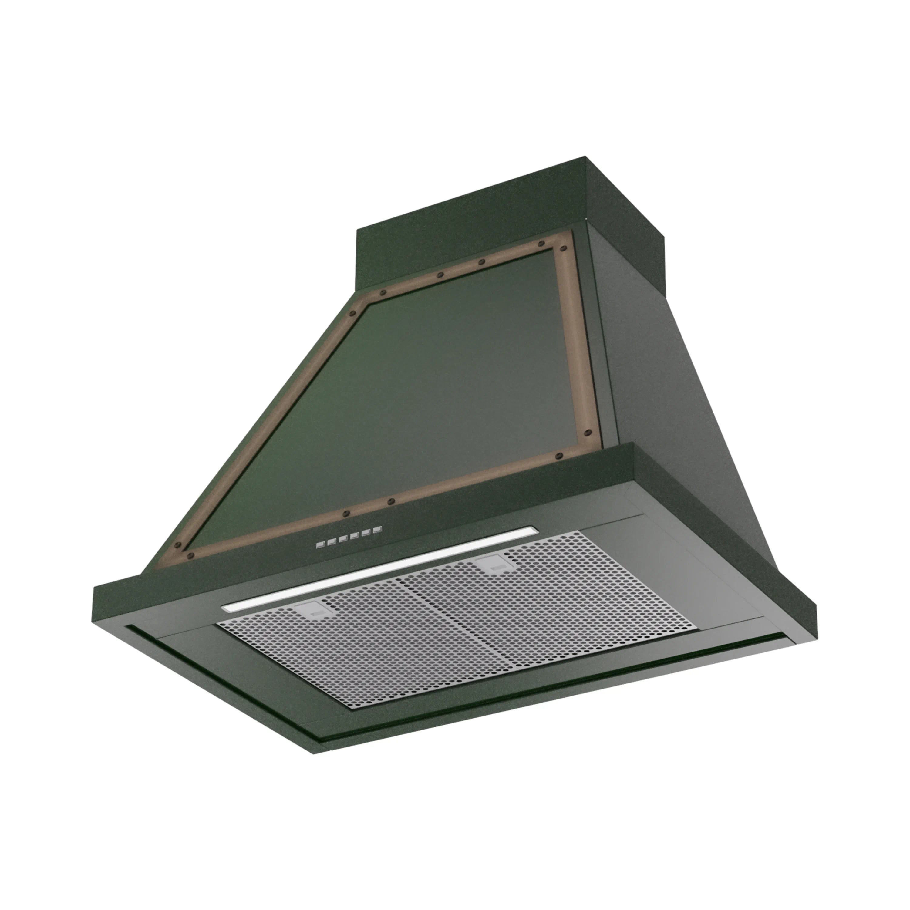 Emerald green wall-mounted range hood with bronze-trim frame and mesh filter panel