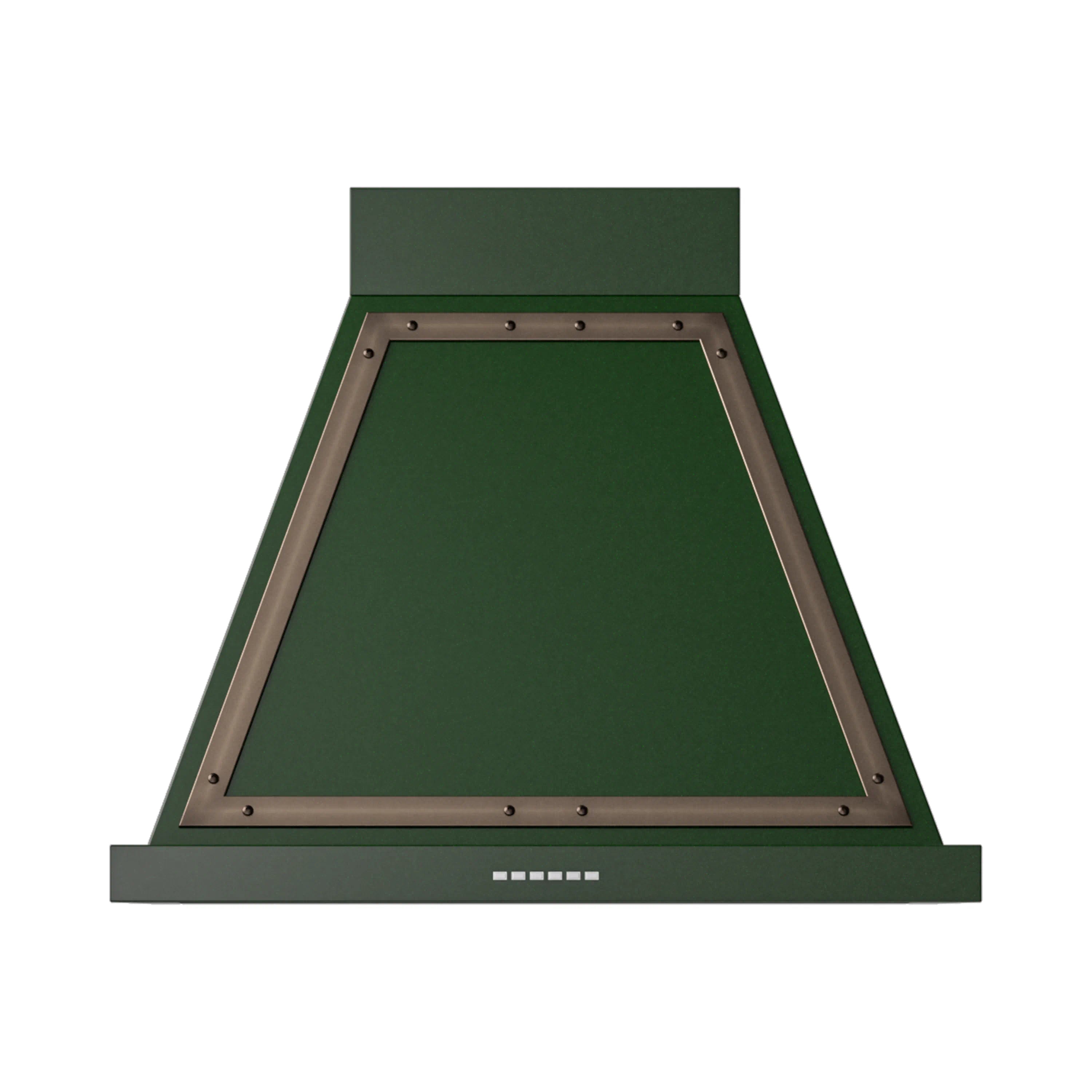 Emerald green wall range hood canopy with bronze trim and front vent strip