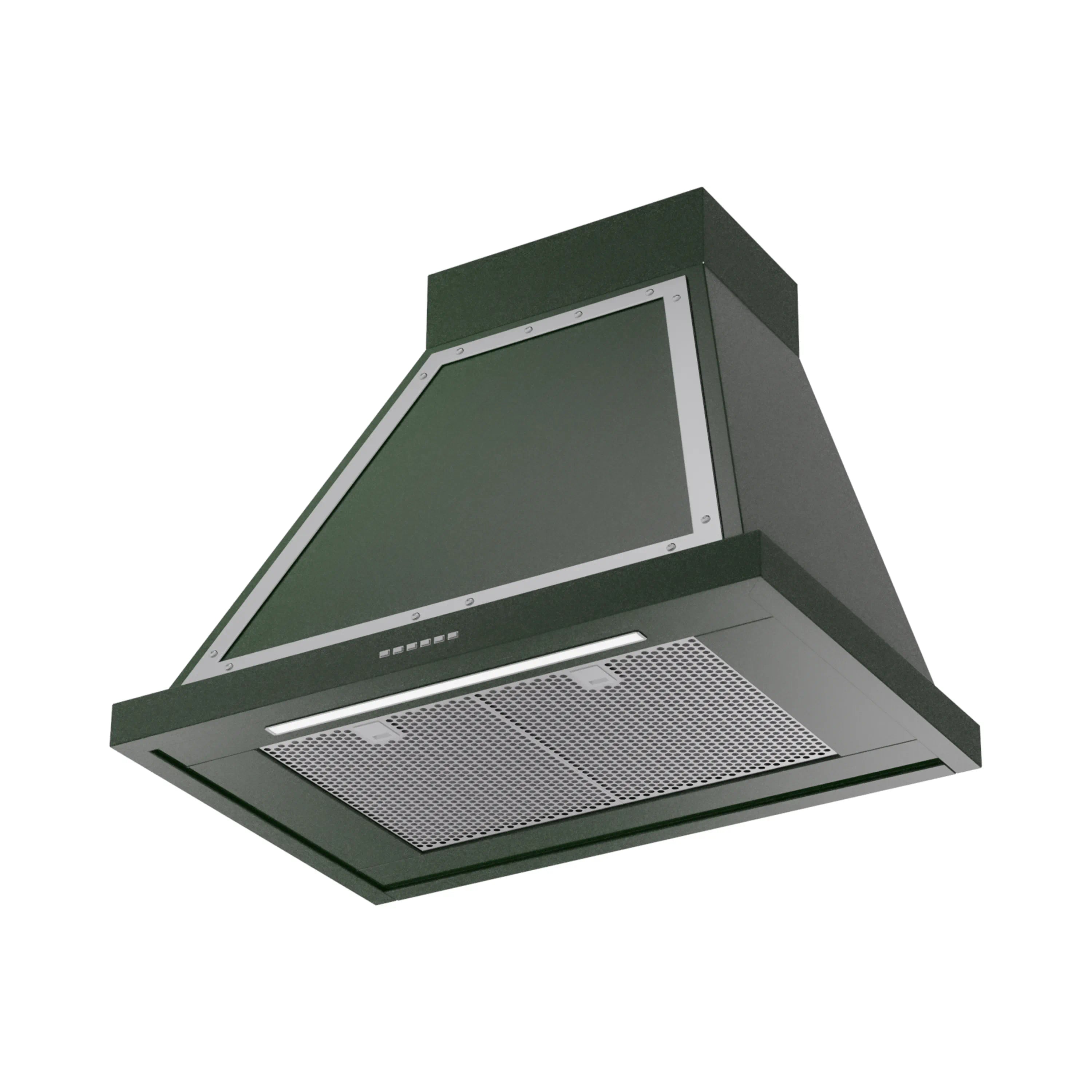 Emerald green wall-mounted range hood with chrome trim and stainless mesh filter
