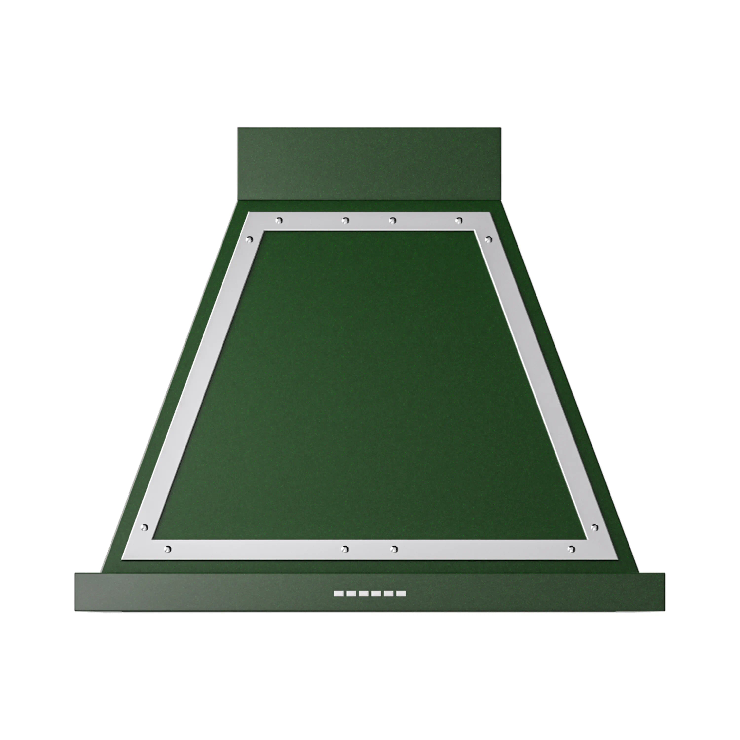 Emerald green wall range hood underside panel with chrome side rails
