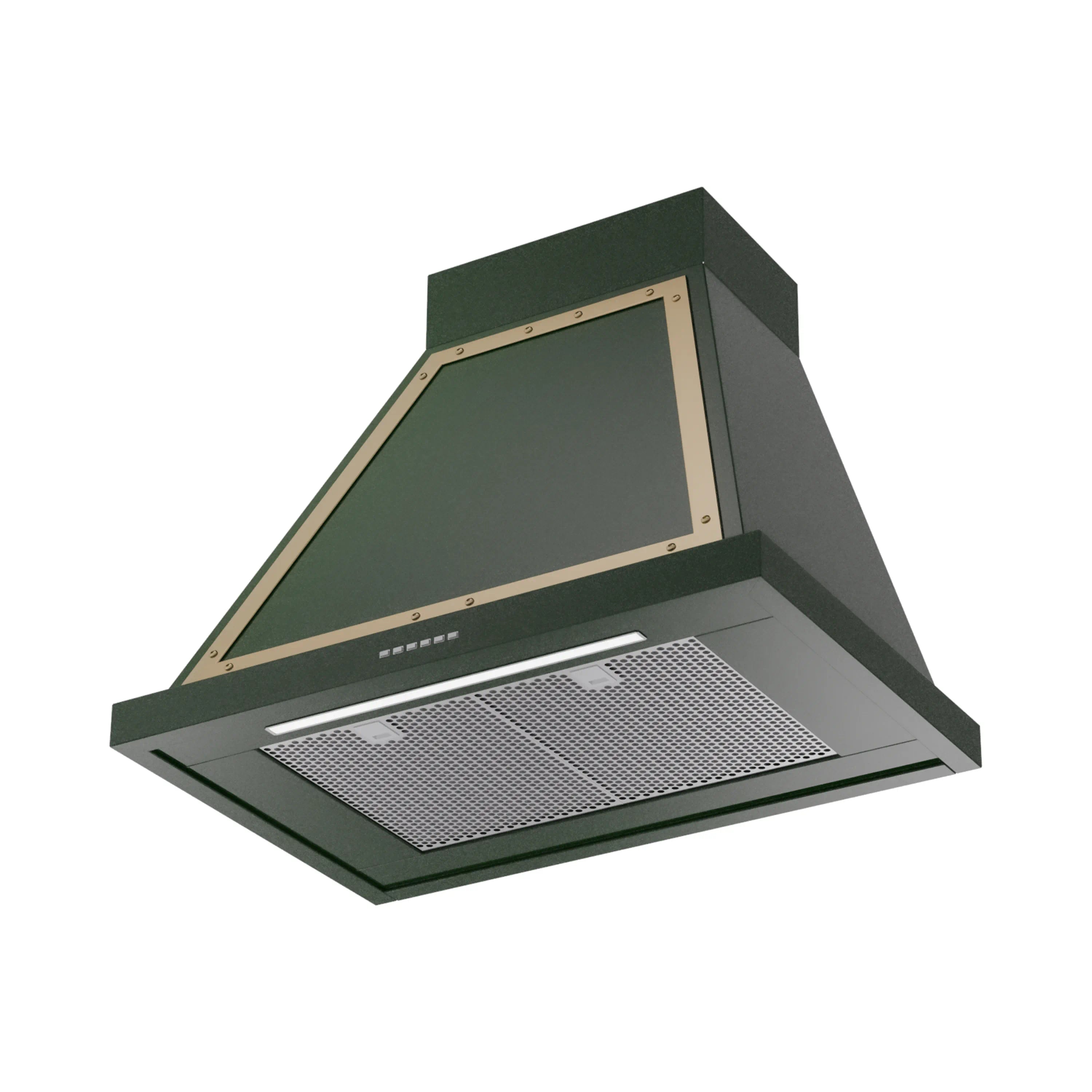 Emerald green wall-mounted range hood with brass frame and mesh grease filter