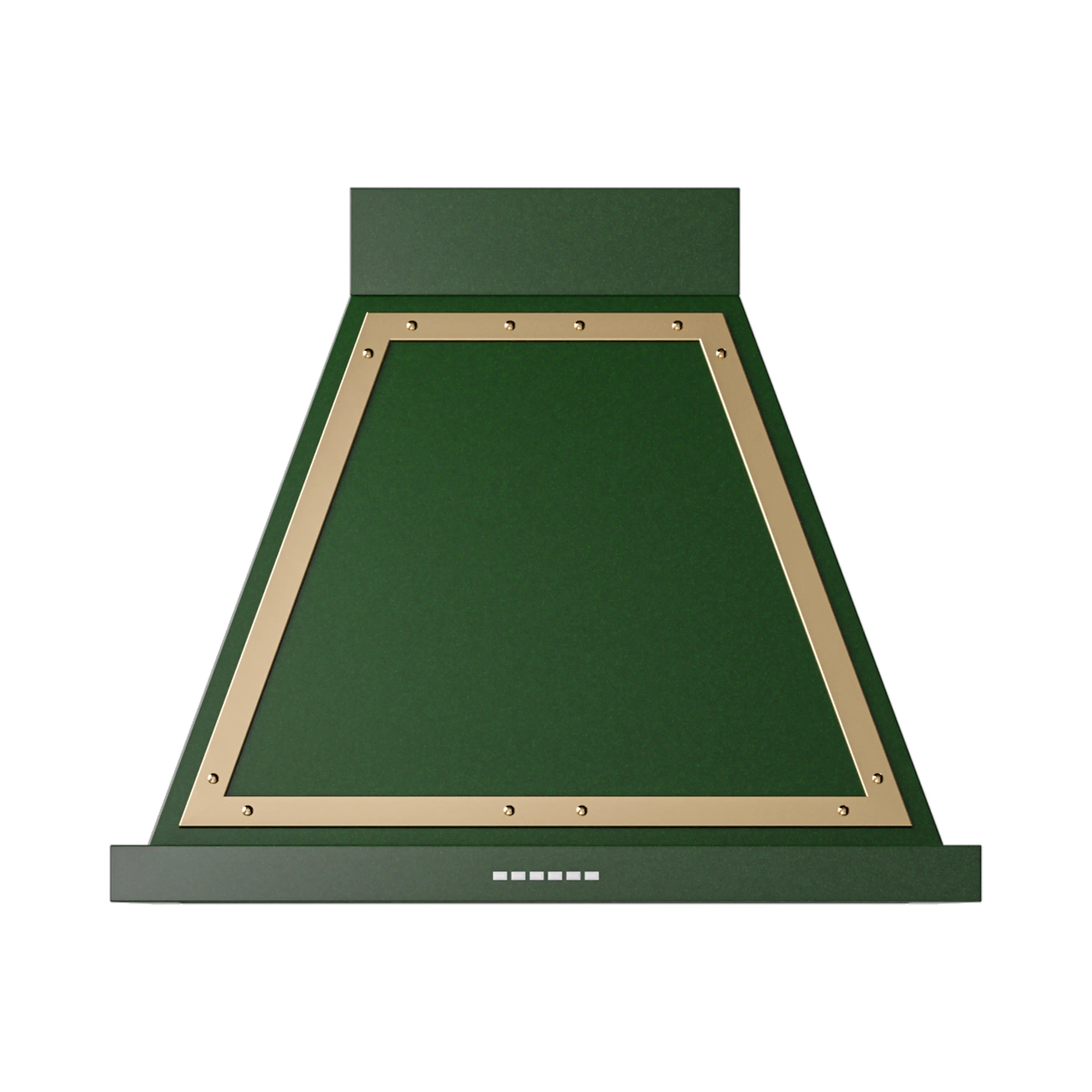 Emerald green wall range hood with brass-trimmed opening and vented bottom panel