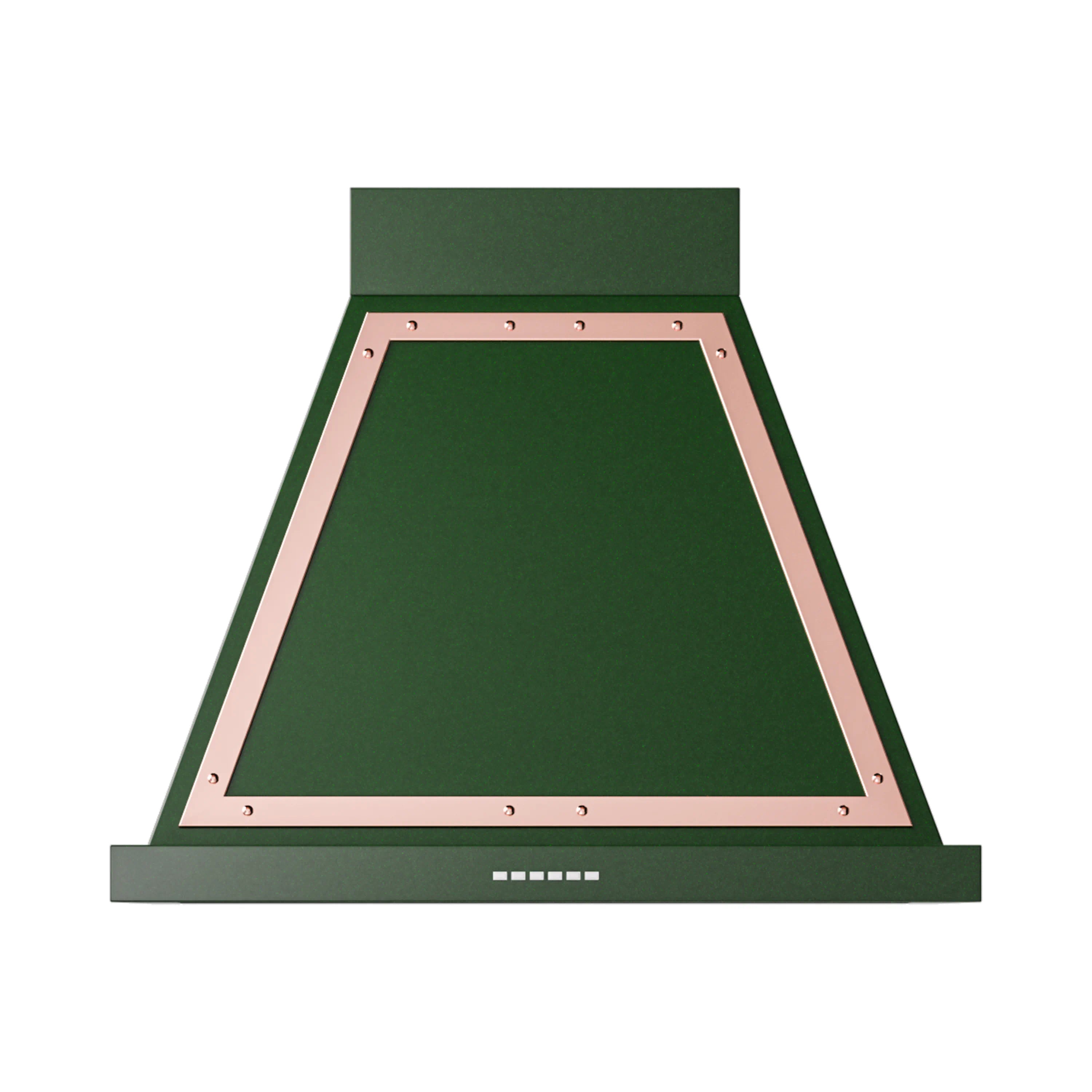 Wall-mounted range hood canopy with emerald green finish and copper border