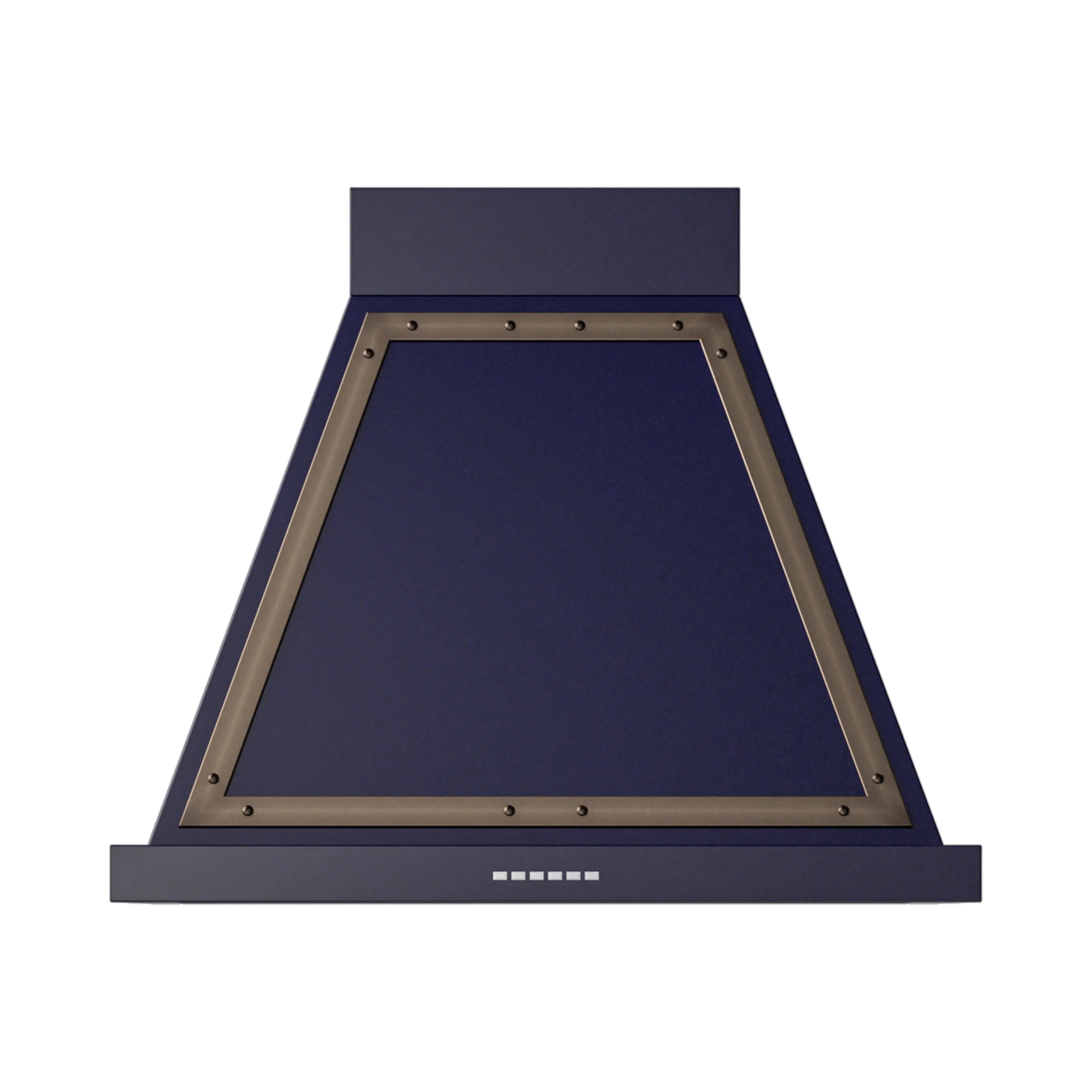 Wall-mounted range hood canopy in midnight blue with bronze interior frame