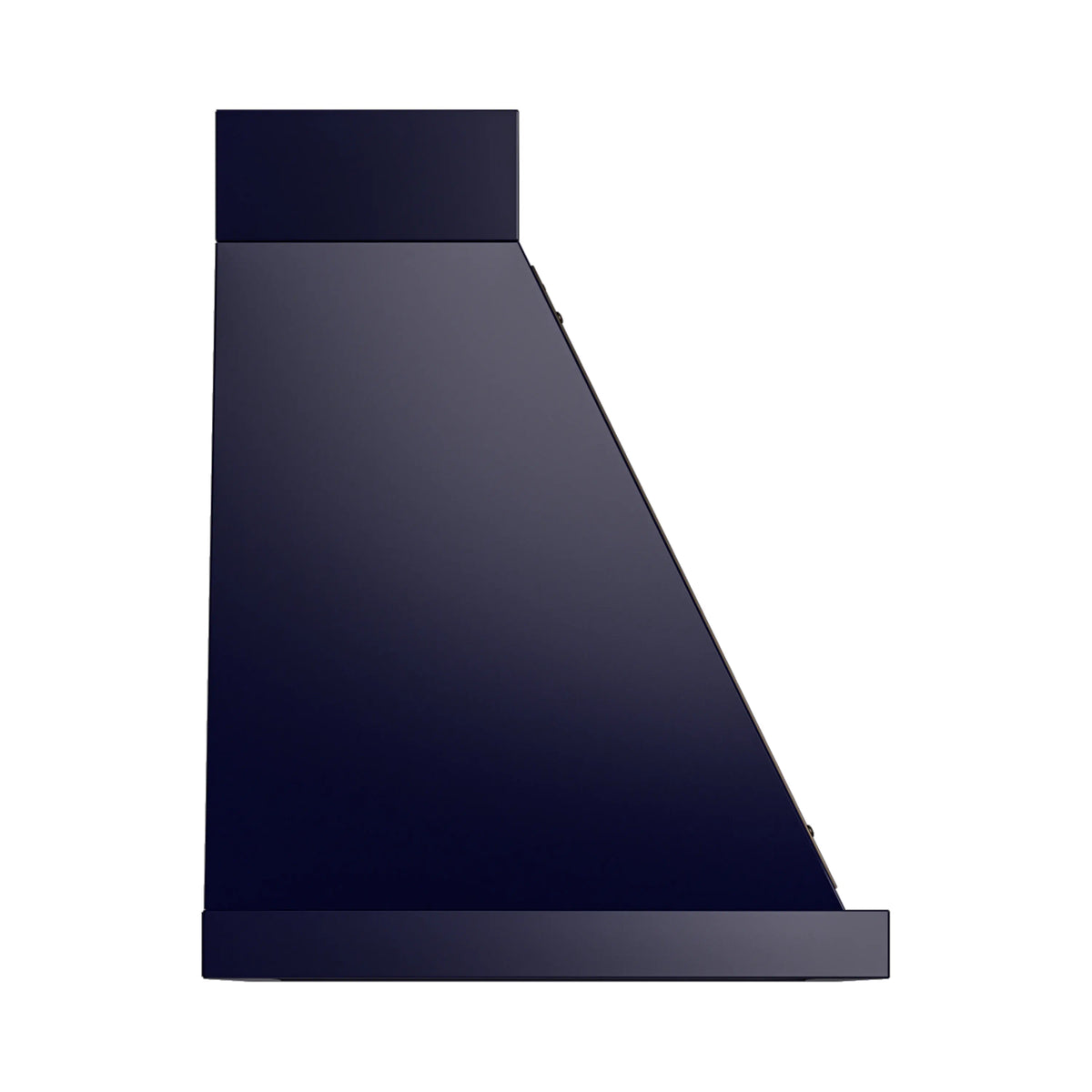 Wall-mounted range hood side panel in midnight blue with bronze trim edging