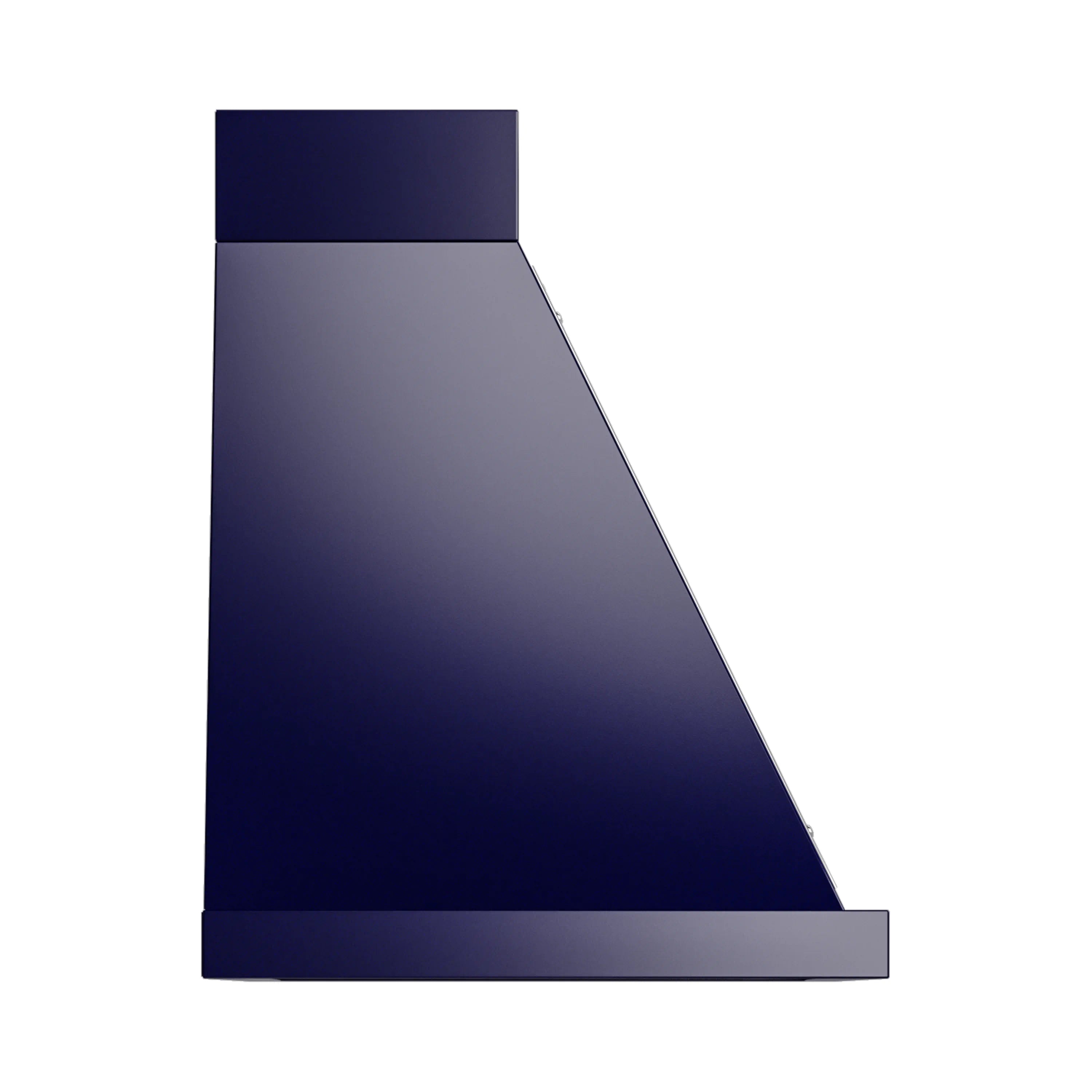 Midnight blue wall-mounted range hood body with slanted side and chrome edging