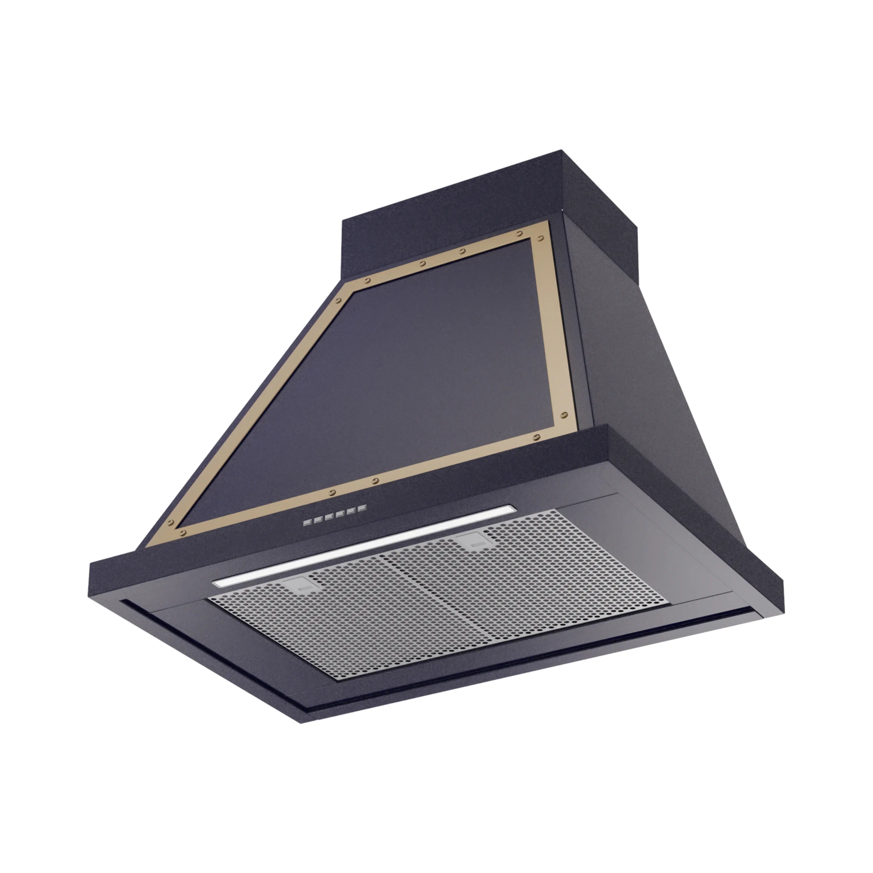Wall-mounted range hood in midnight blue with brass trim, front mesh filter visible.