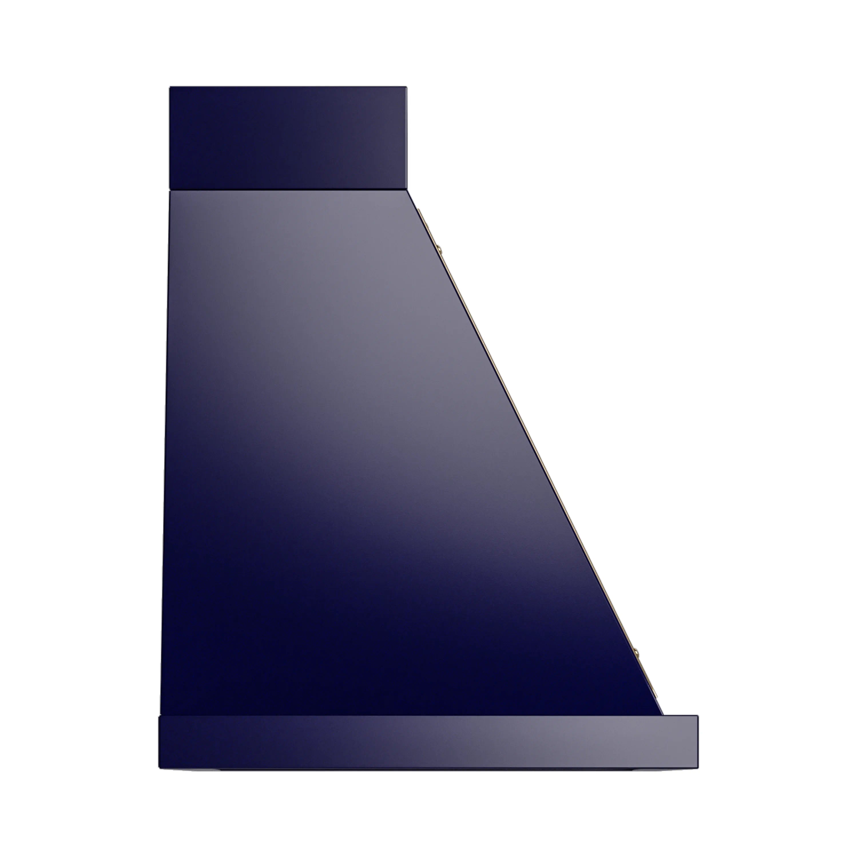 Wall-mounted range hood side panel in midnight blue with brass-trim edge.