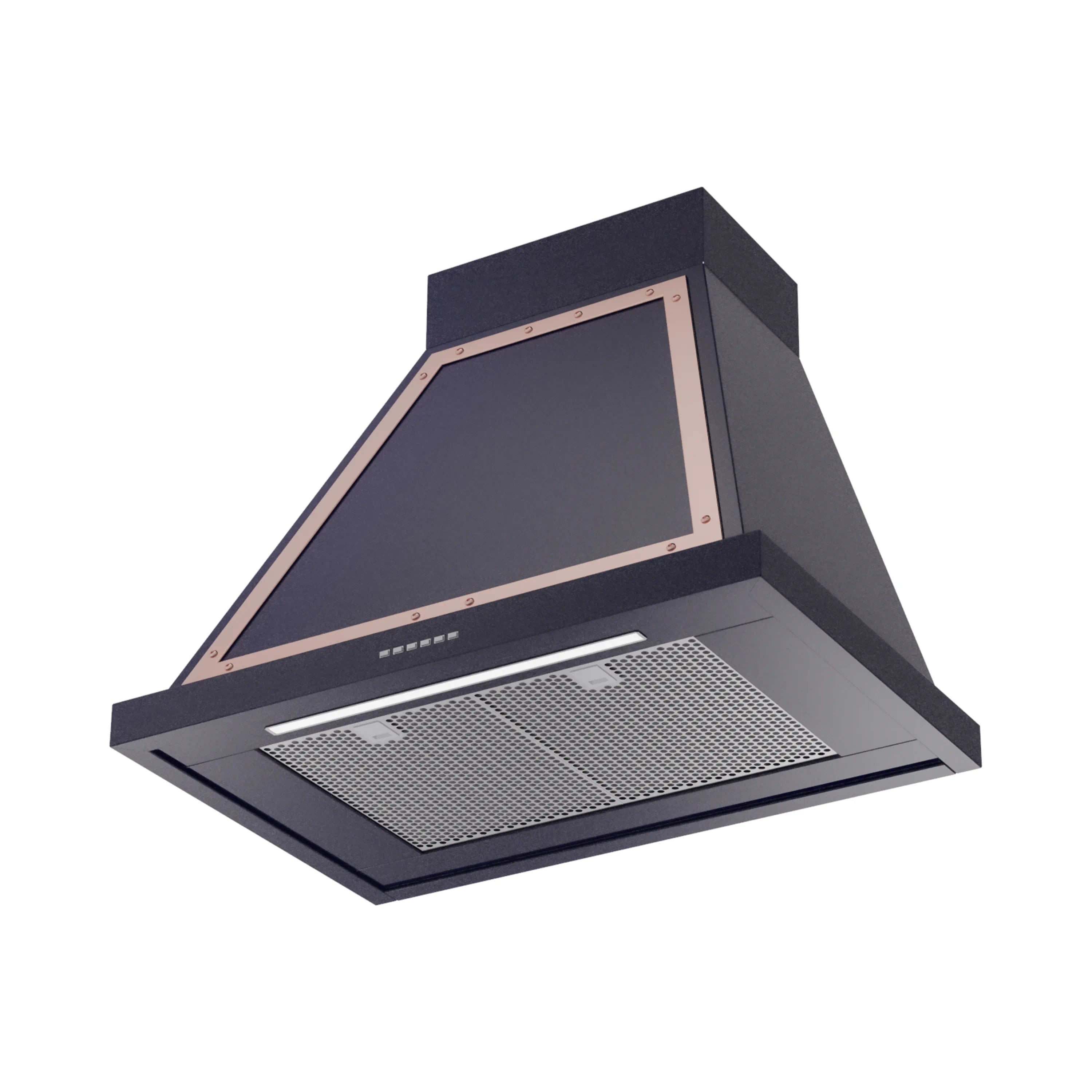 Midnight blue wall range hood with copper trim and mesh grease filter
