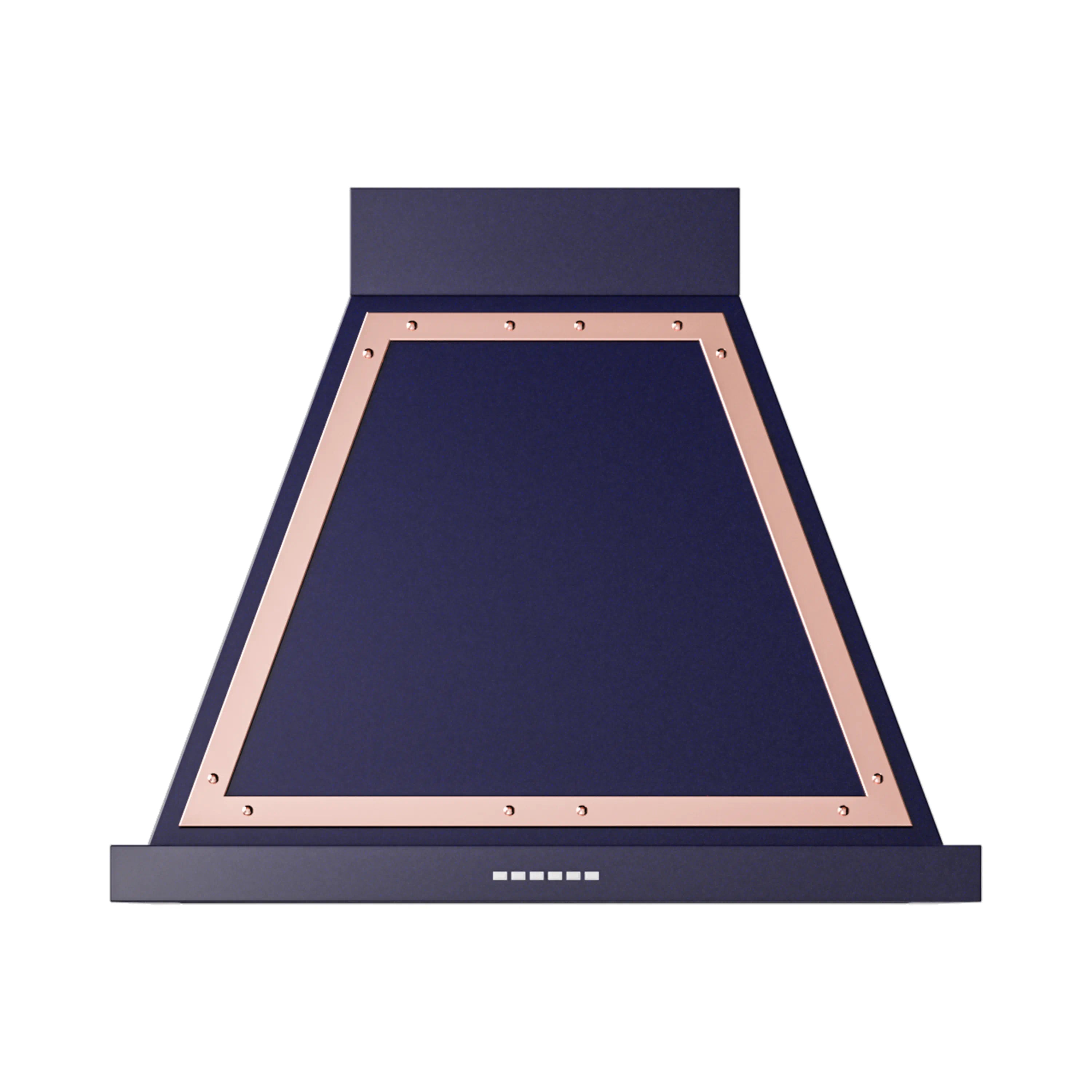 Midnight blue wall range hood with copper-framed opening and control vents