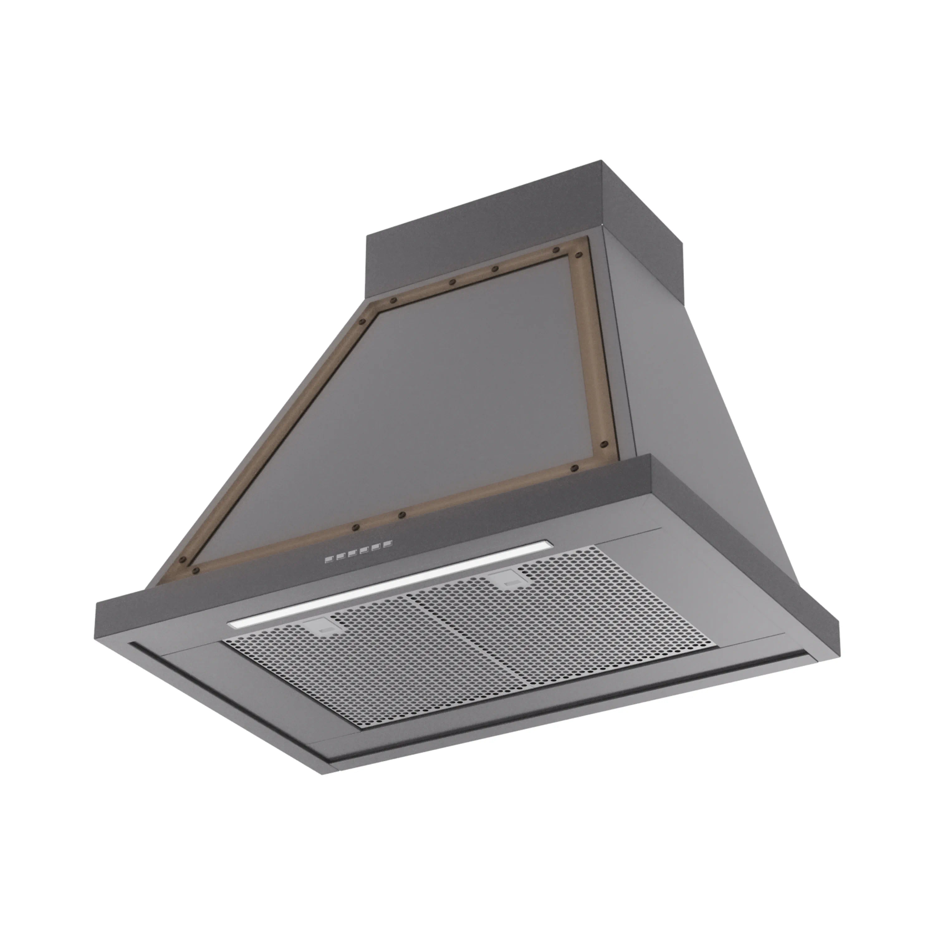 Graphite matte wall range hood with bronze trim and mesh grease filter