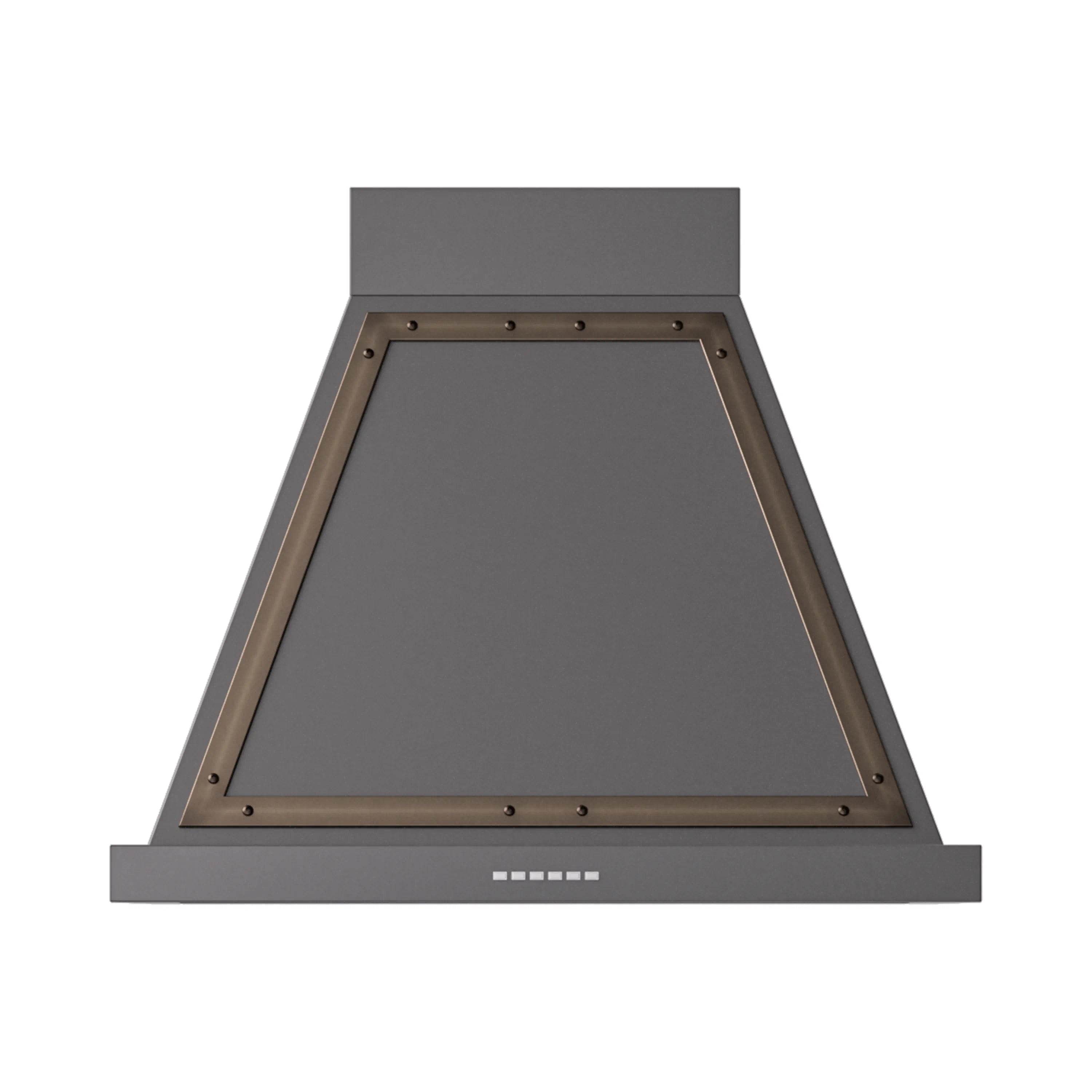 Graphite matte wall range hood canopy with bronze frame and front vent opening
