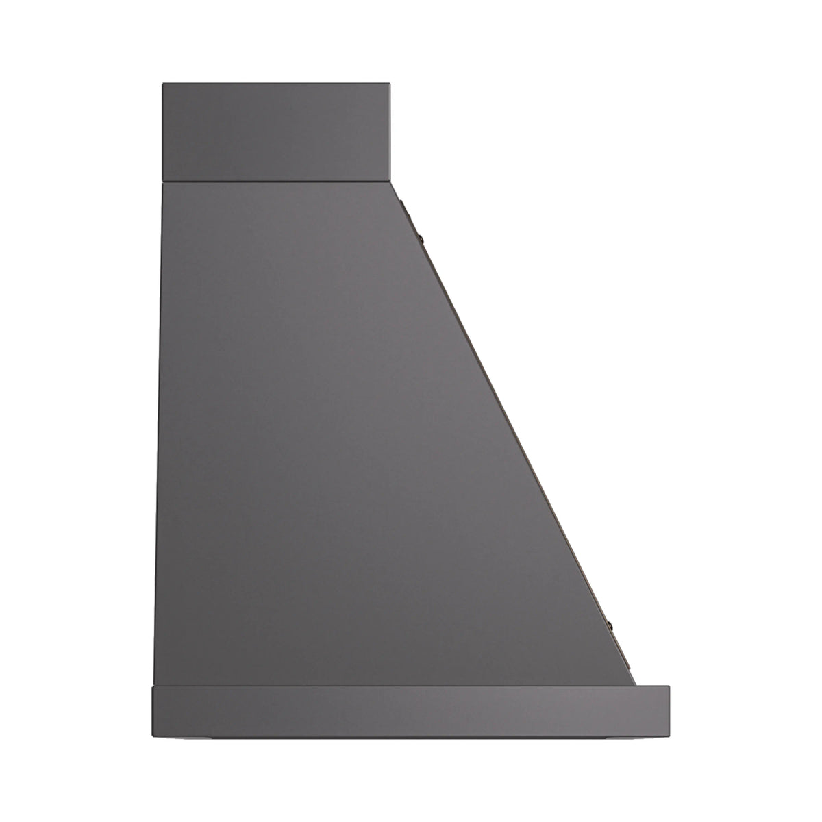 Graphite matte wall range hood with tall chimney and bronze-trim edge
