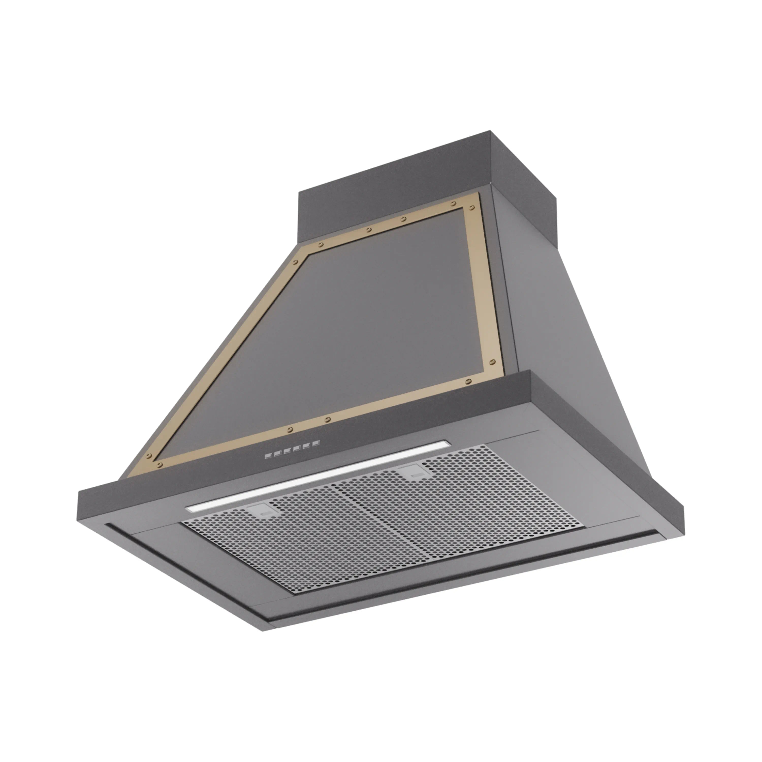 Wall-mounted range hood in matte graphite with brass-trimmed filter panel