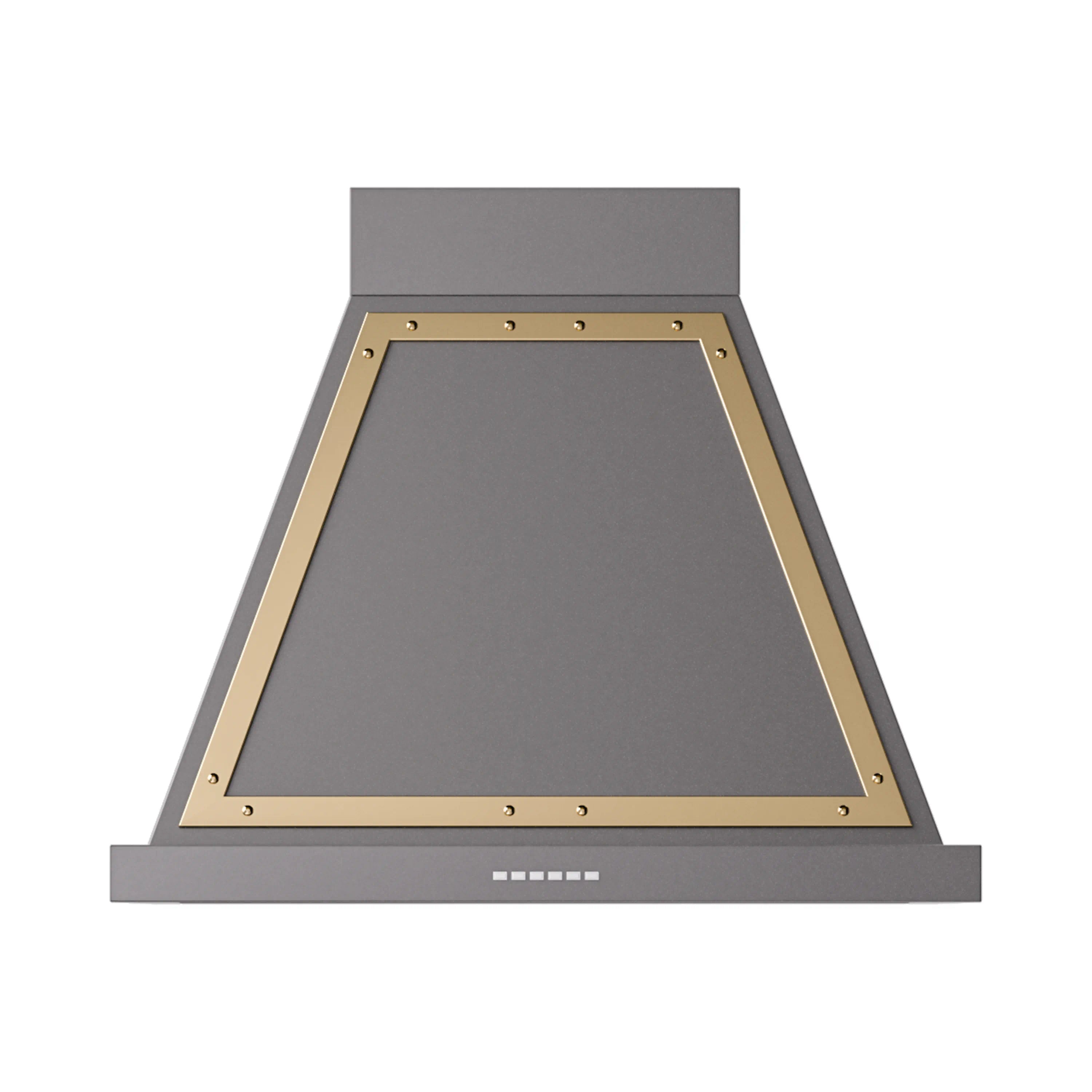 Wall-mounted range hood with brass trim and dark interior panel