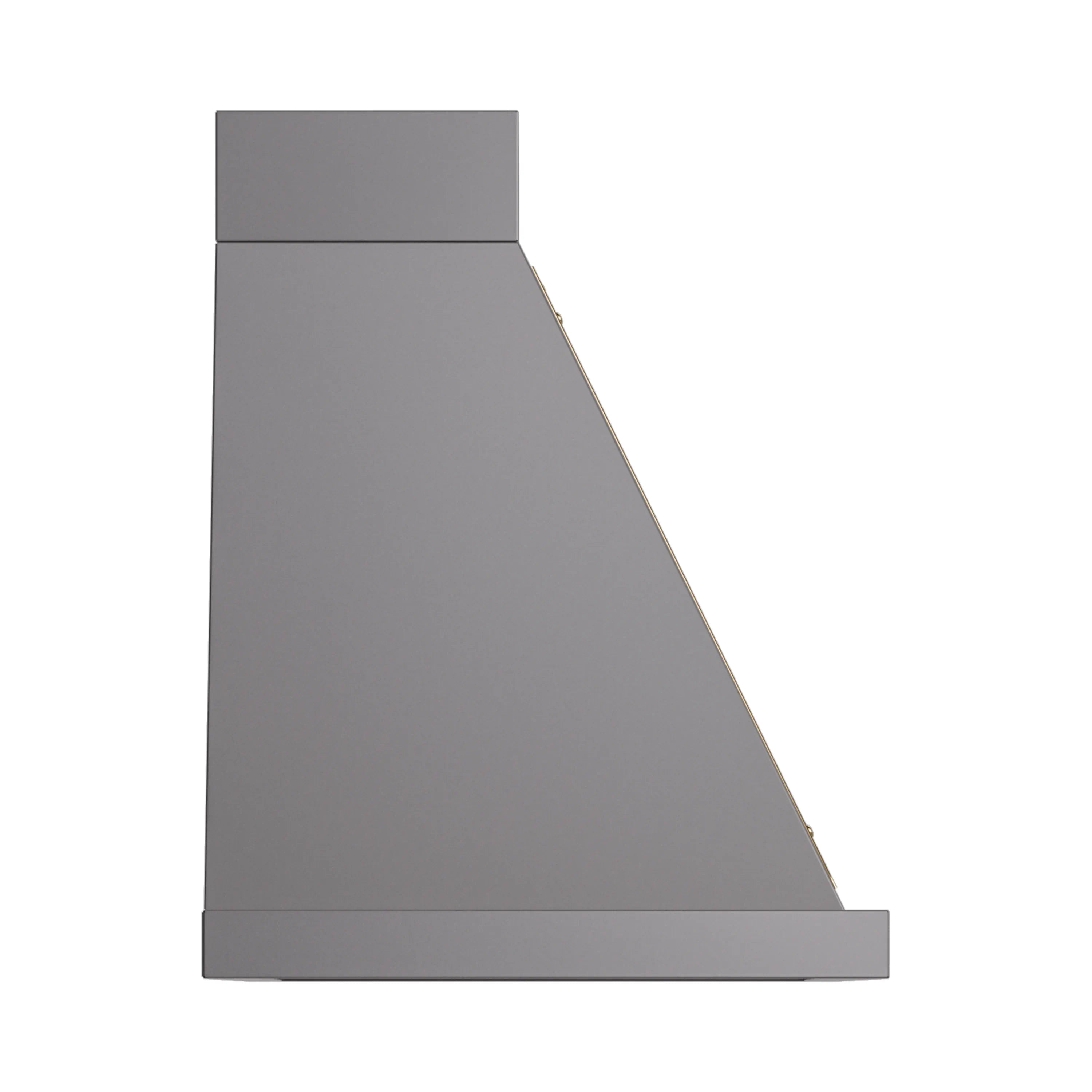 Wall-mounted range hood corner view in matte graphite with brass trim edge