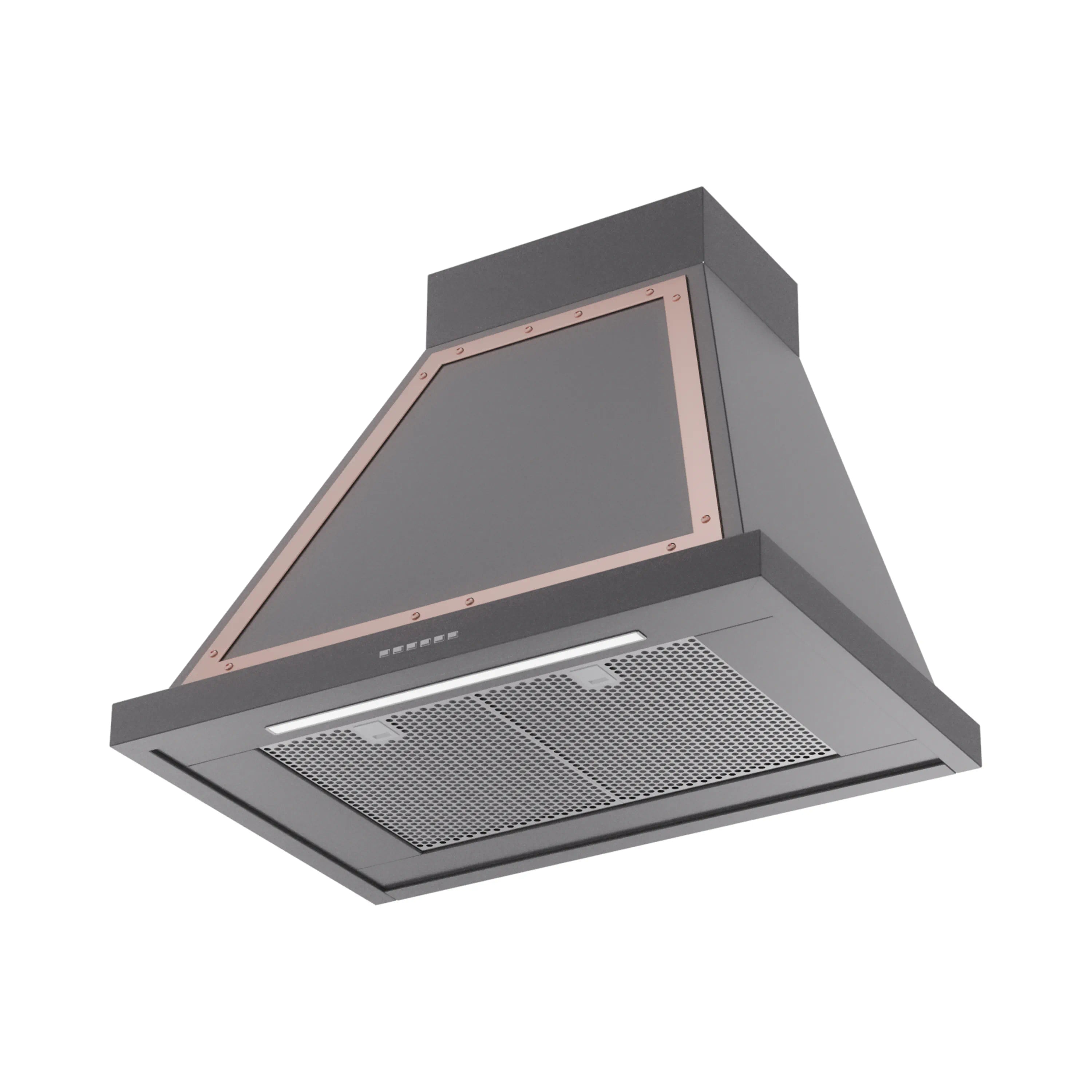 Graphite matte wall range hood with copper trim and mesh filter panel