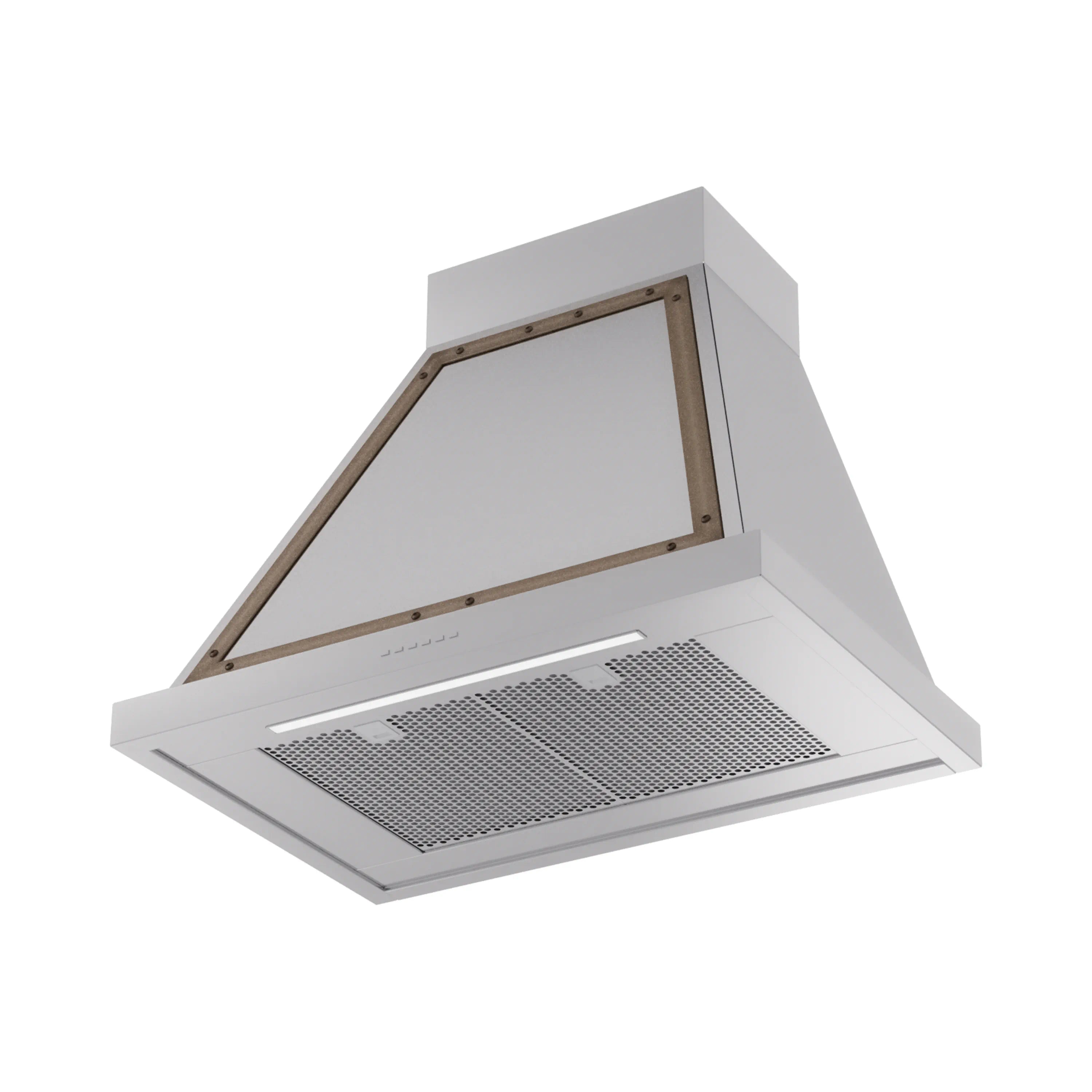 Stainless steel wall range hood with bronze-trimmed frame and vented filter