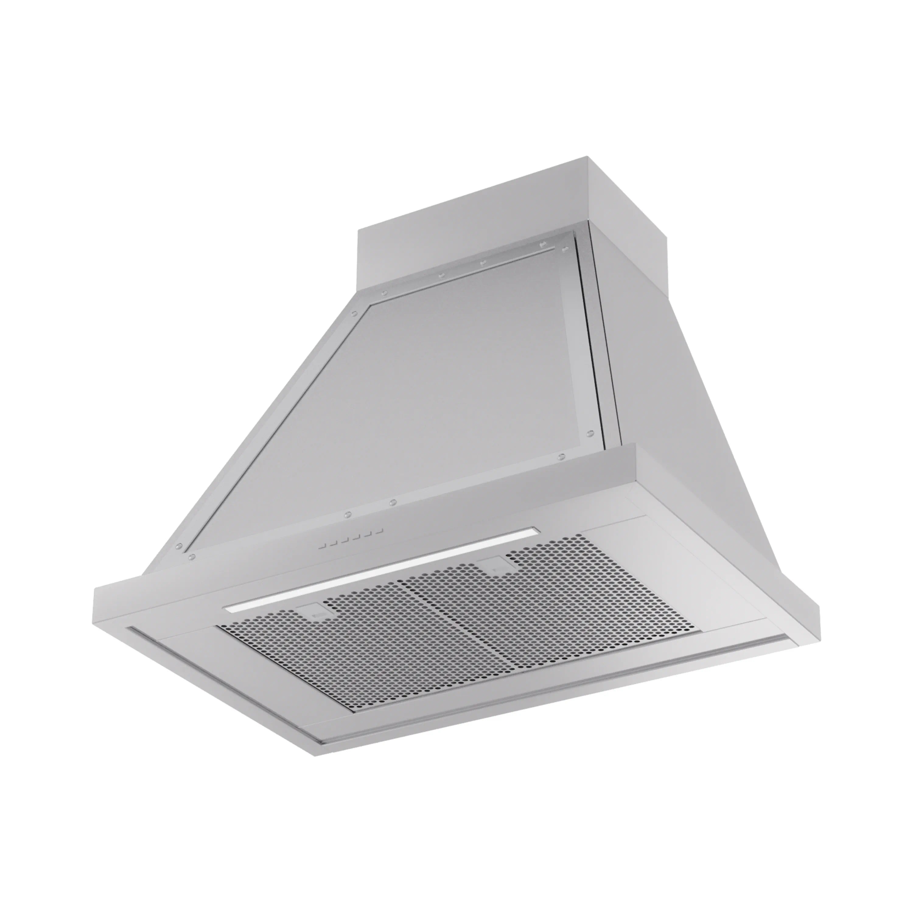 Stainless steel wall range hood with chrome trim and mesh grease filter