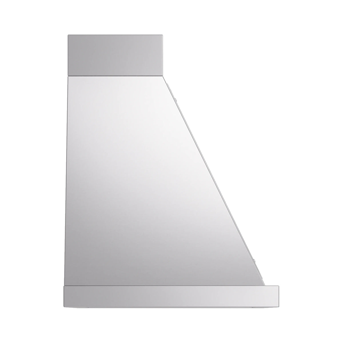 Stainless steel wall range hood with angled chimney and top panel