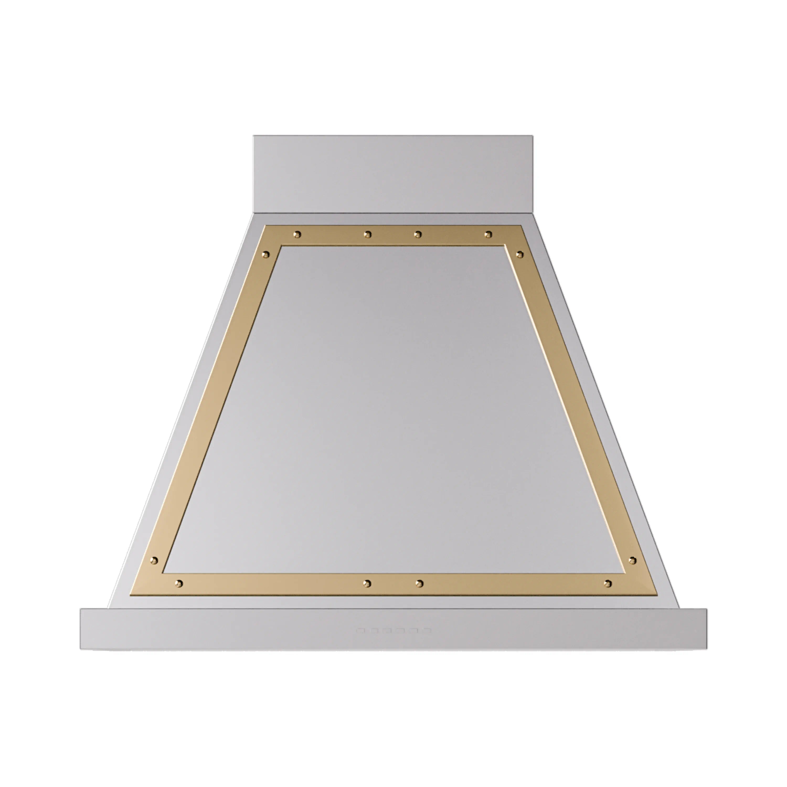 Wall-mounted range hood with brass side frame and rectangular chimney opening