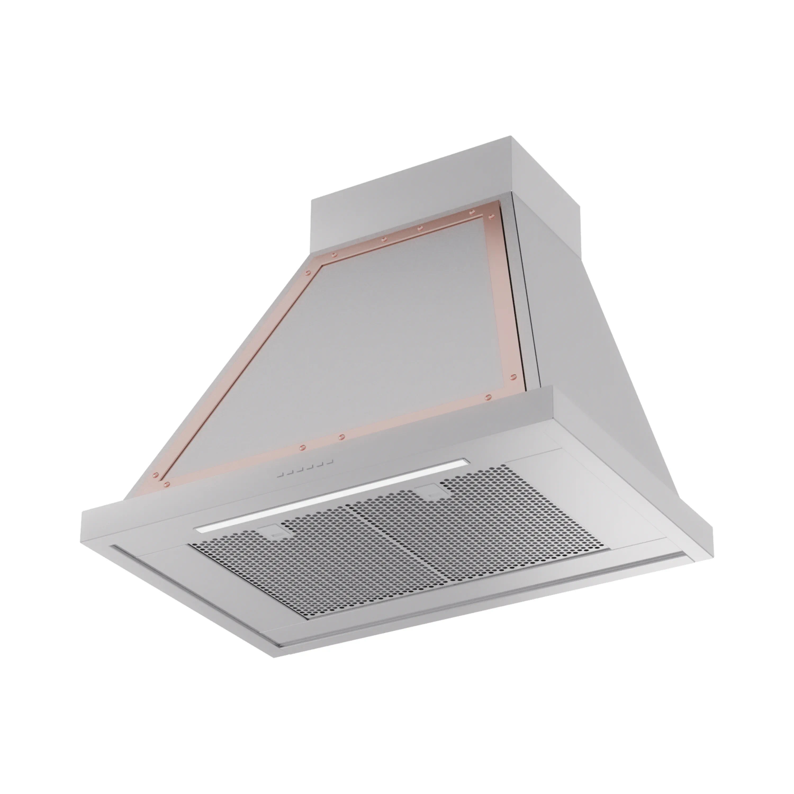 Stainless steel wall range hood with copper trim and mesh grease filter