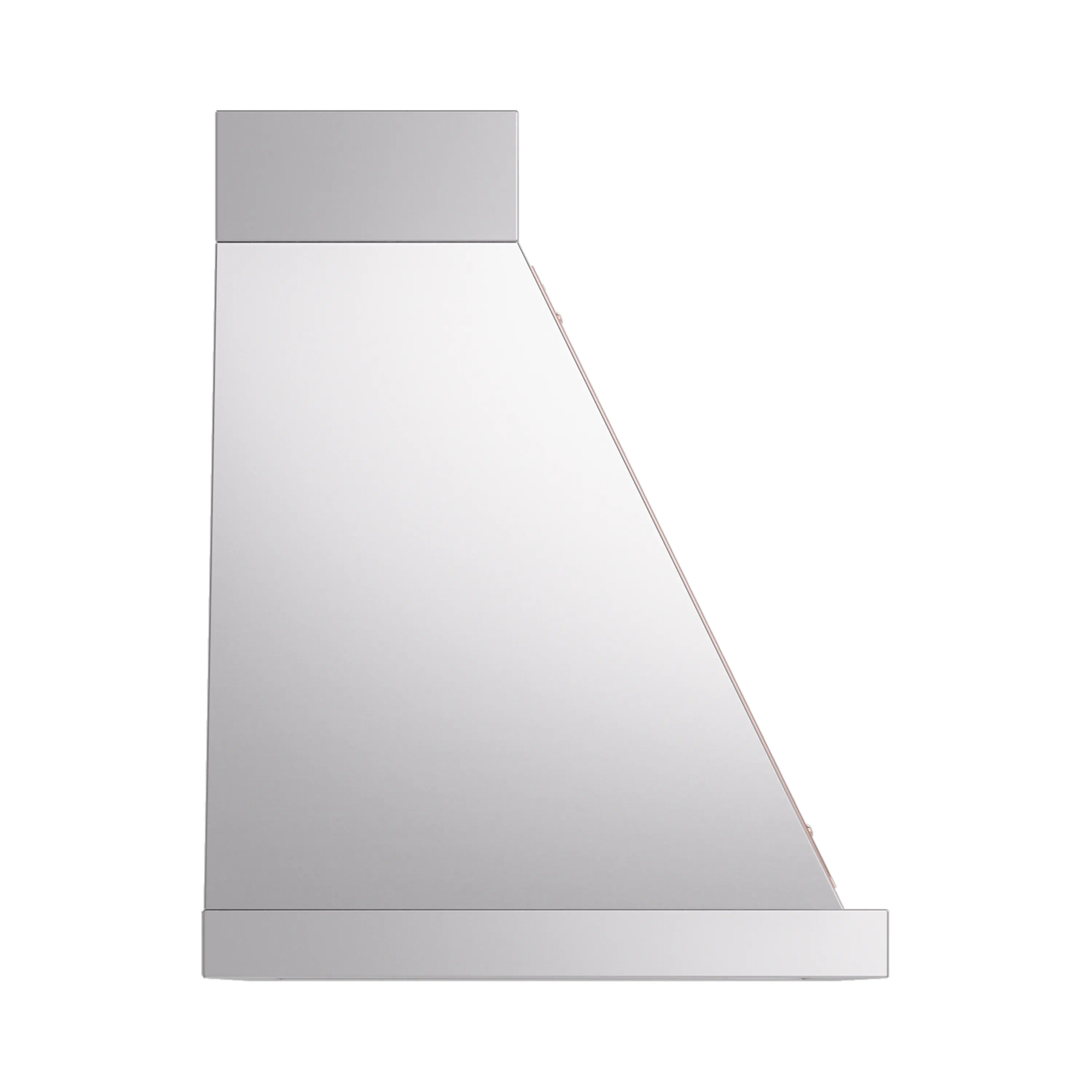 Stainless steel wall range hood side view with angled copper trim seam