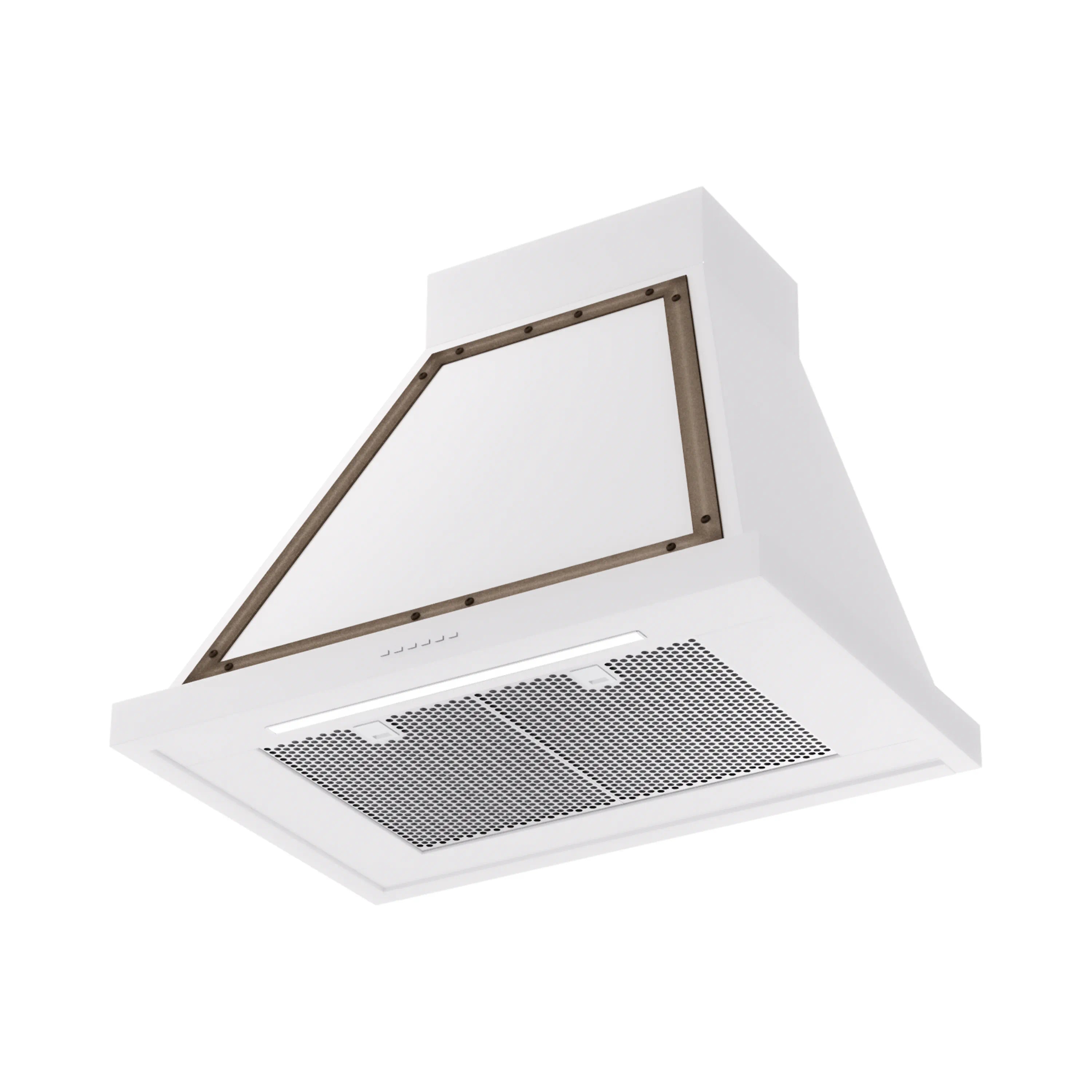 White wall-mounted range hood underside with bronze frame and mesh filter