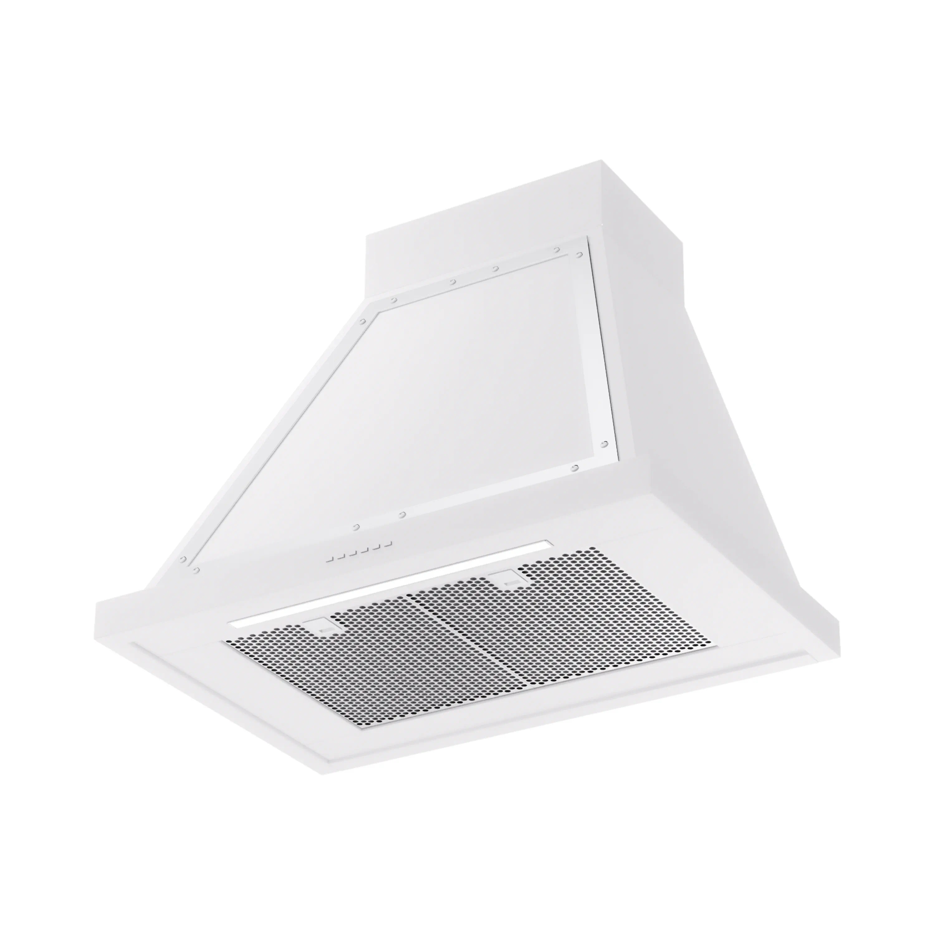 White wall-mounted range hood with chrome trim and mesh grease filter panel