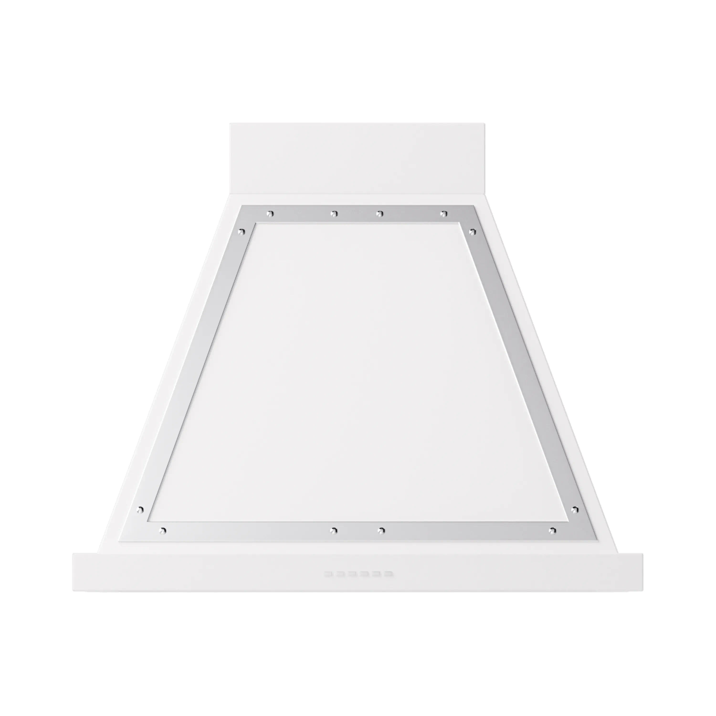 White wall-mounted range hood canopy with open underside and mounting frame
