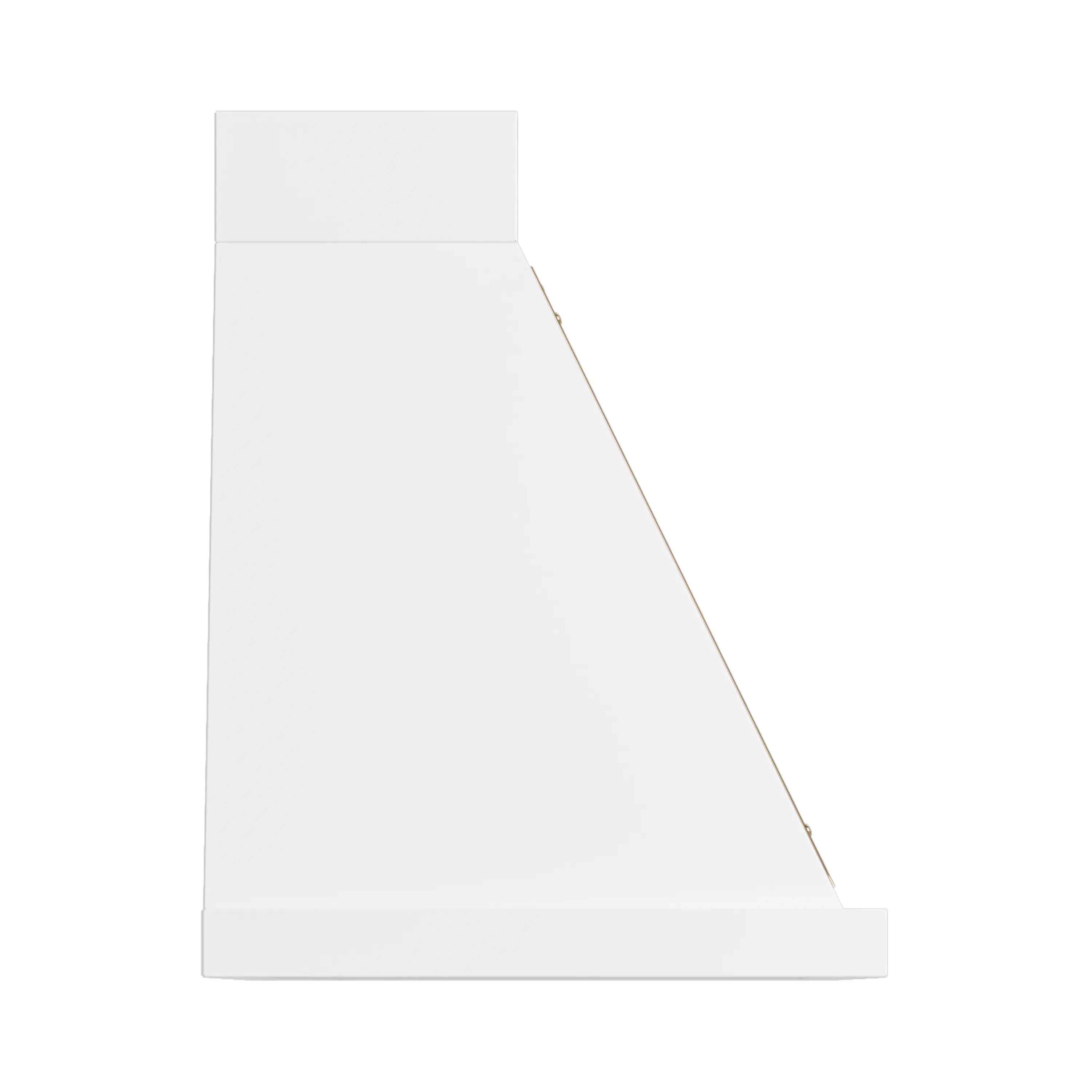 White wall-mounted range hood with brass-trimmed chimney and curved lower panel