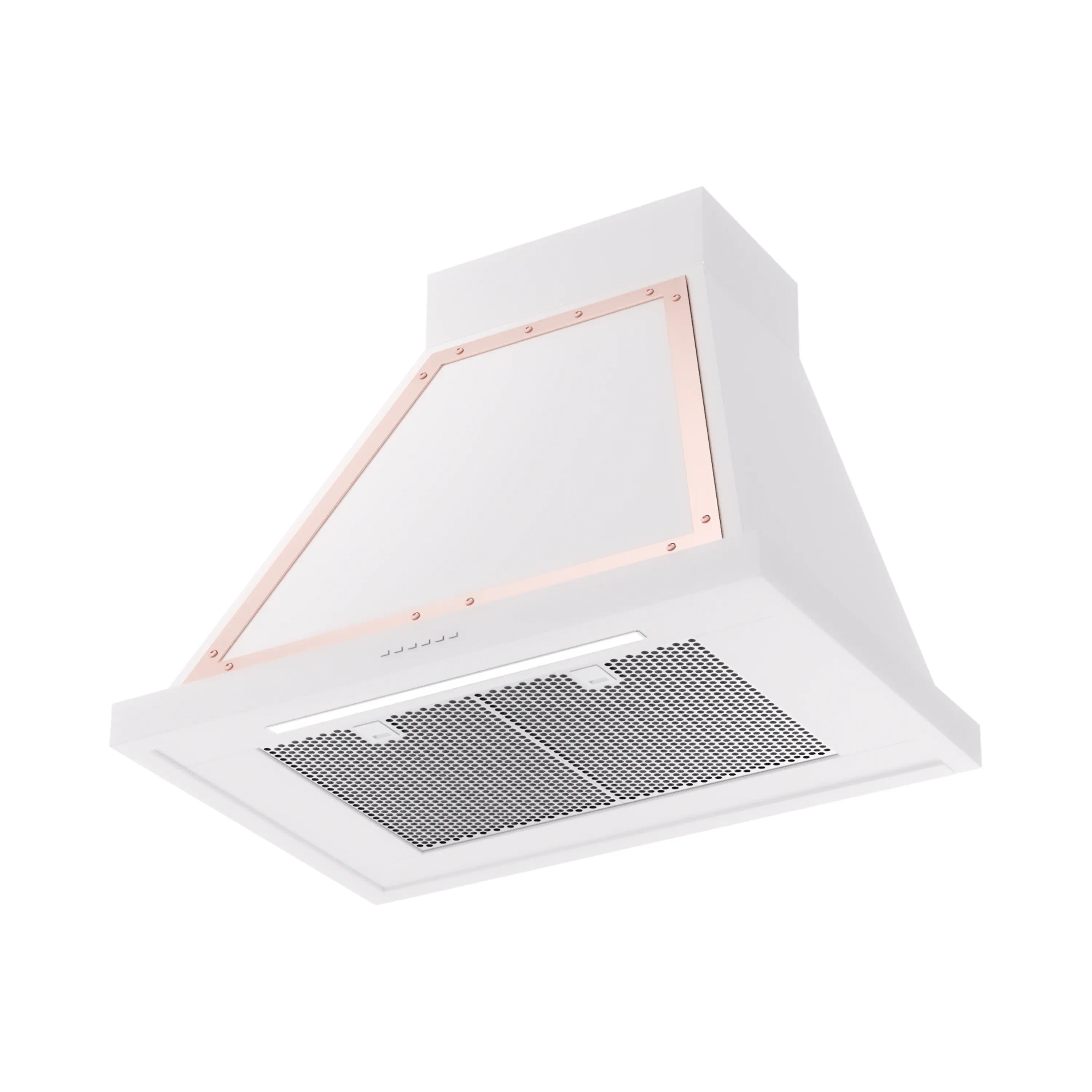Wall-mounted range hood with open bottom filter, white body and copper trim frame.