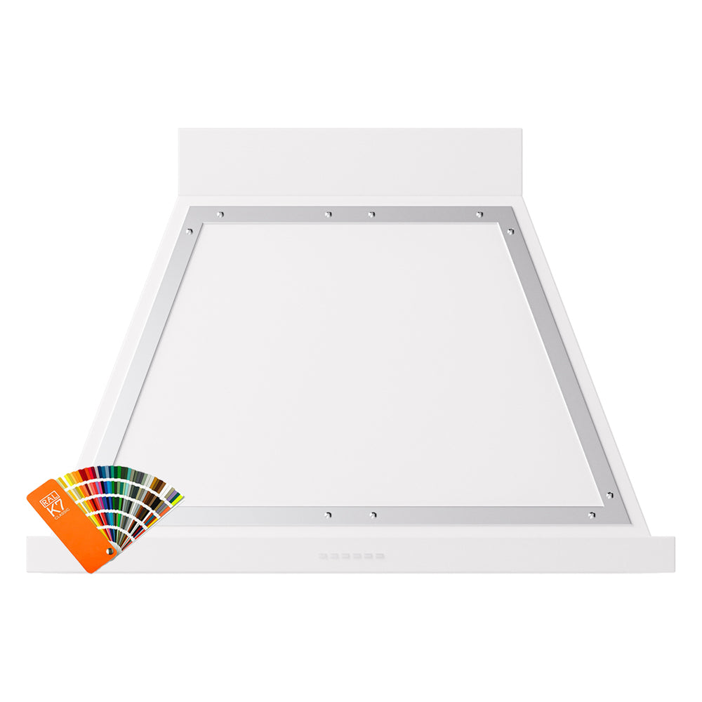 Wall-mounted range hood, white chimney body with chrome trim and open underside