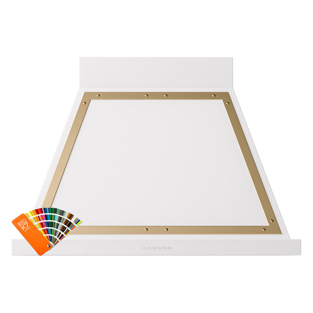 Wall-mounted range hood with open underside and brass-trim frame, white finish