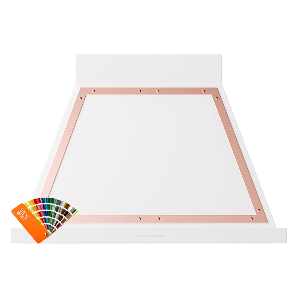 White wall range hood underside with copper-trimmed opening and mounting frame