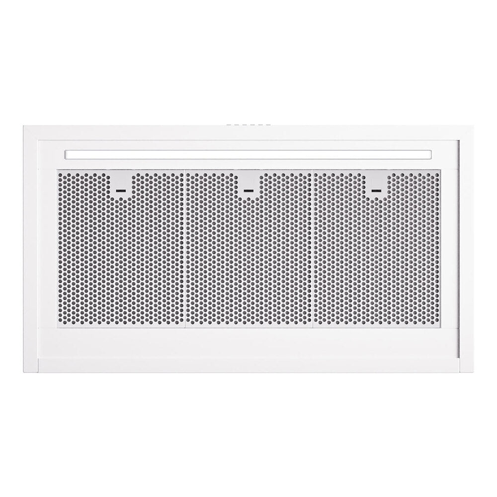 White range hood front panel with perforated metal filter and vent grille