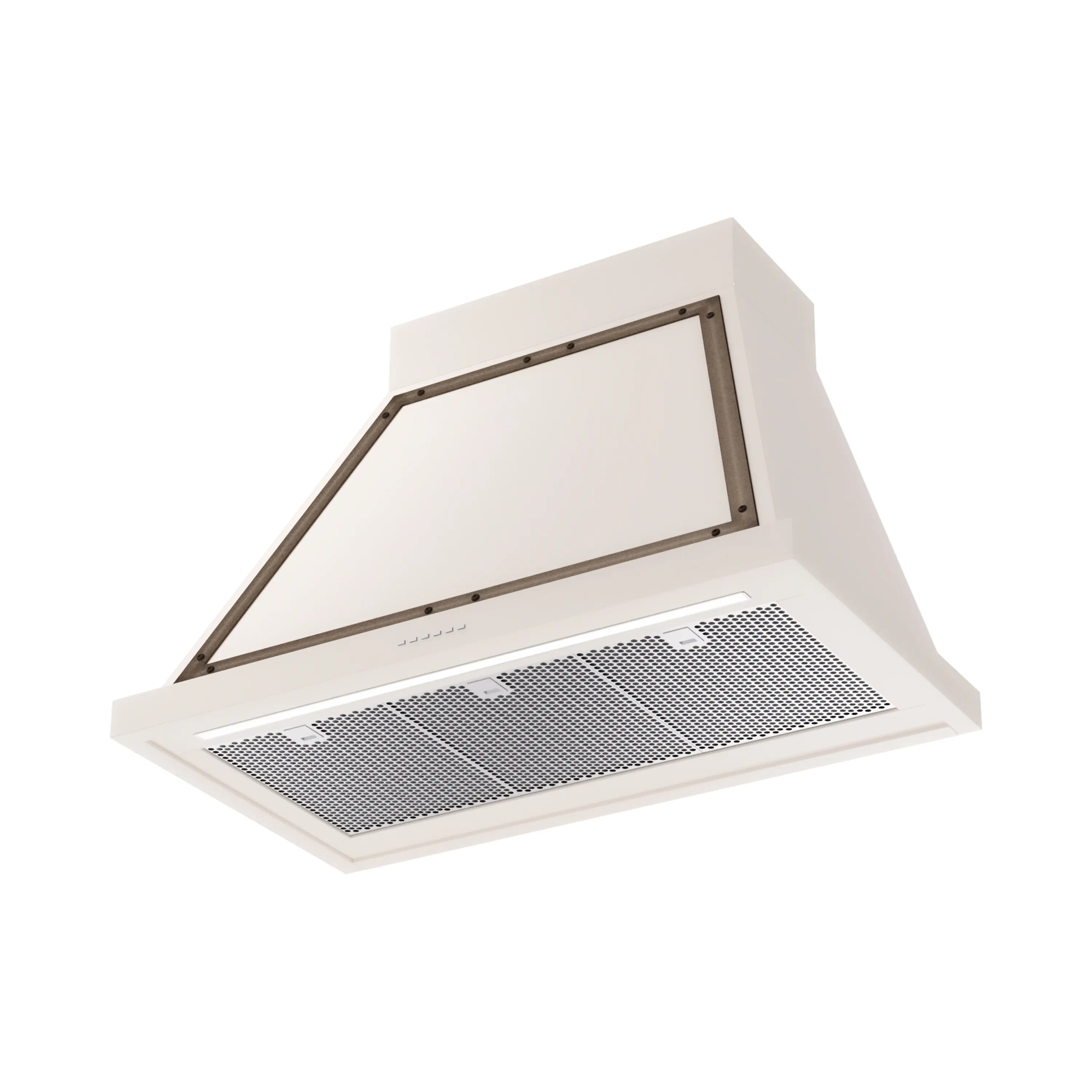 Antique white wall-mount range hood with bronze frame and front mesh filter