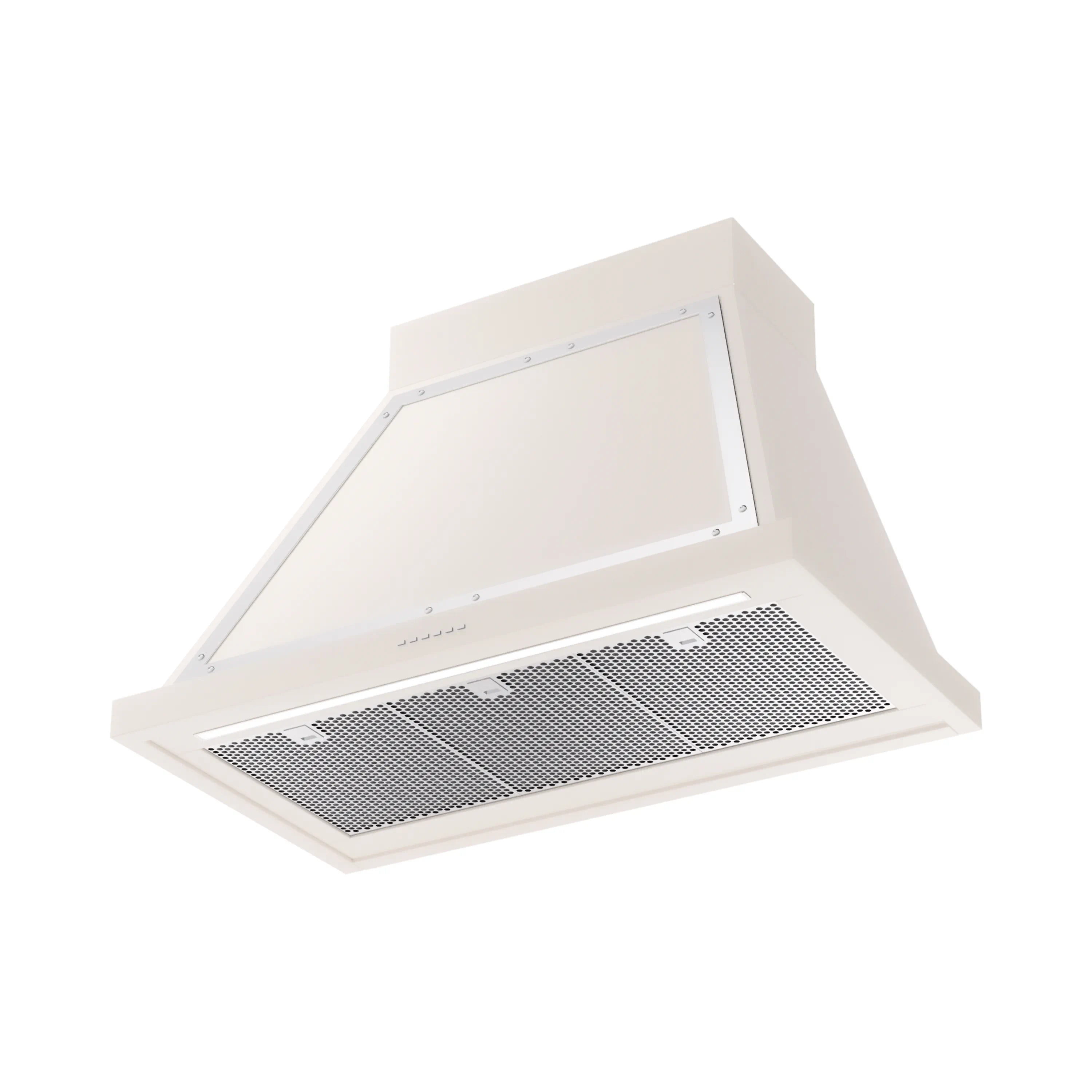 Antique white wall range hood with chrome frame and mesh filter panel