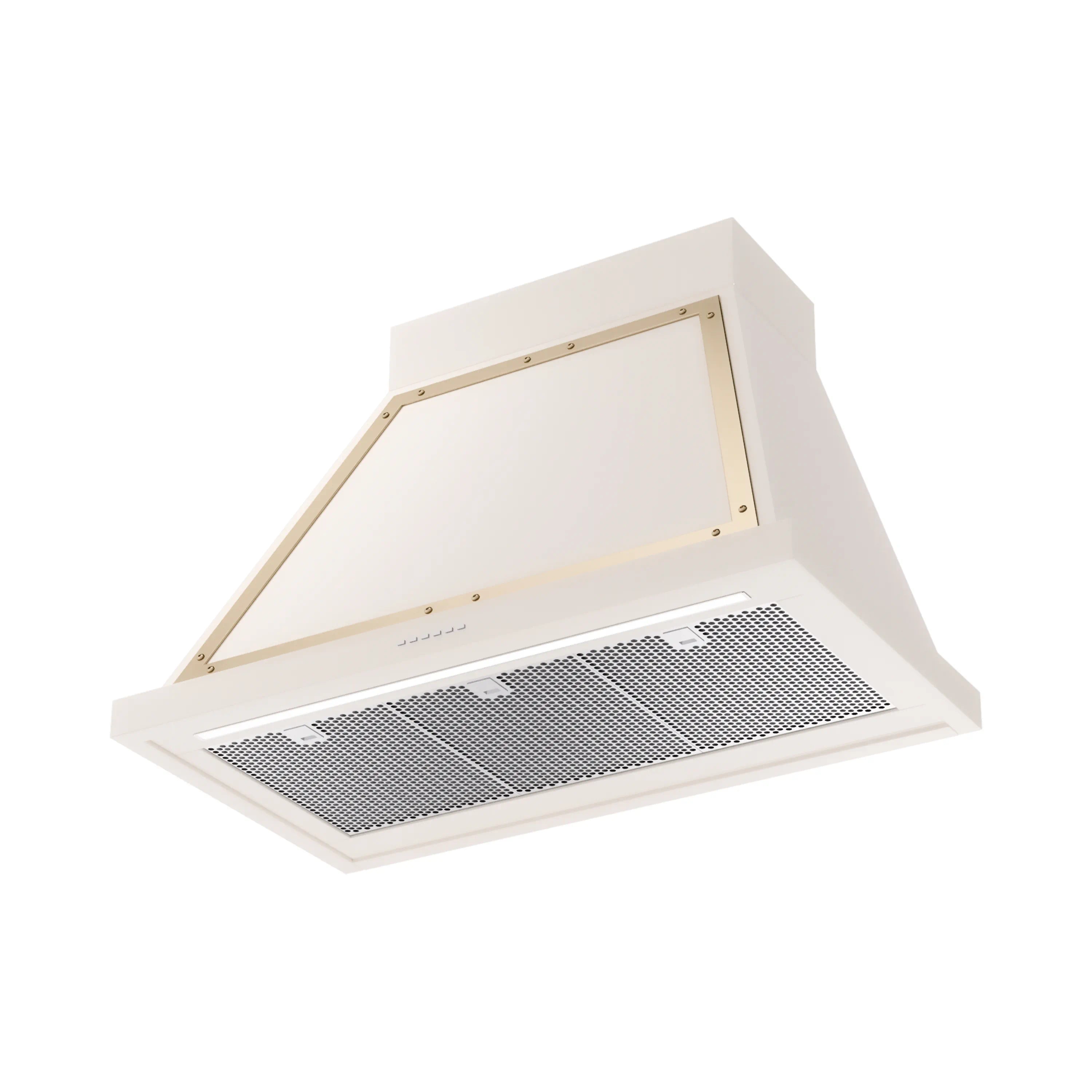 Antique white wall hood with brass-trimmed opening and mesh grease filters
