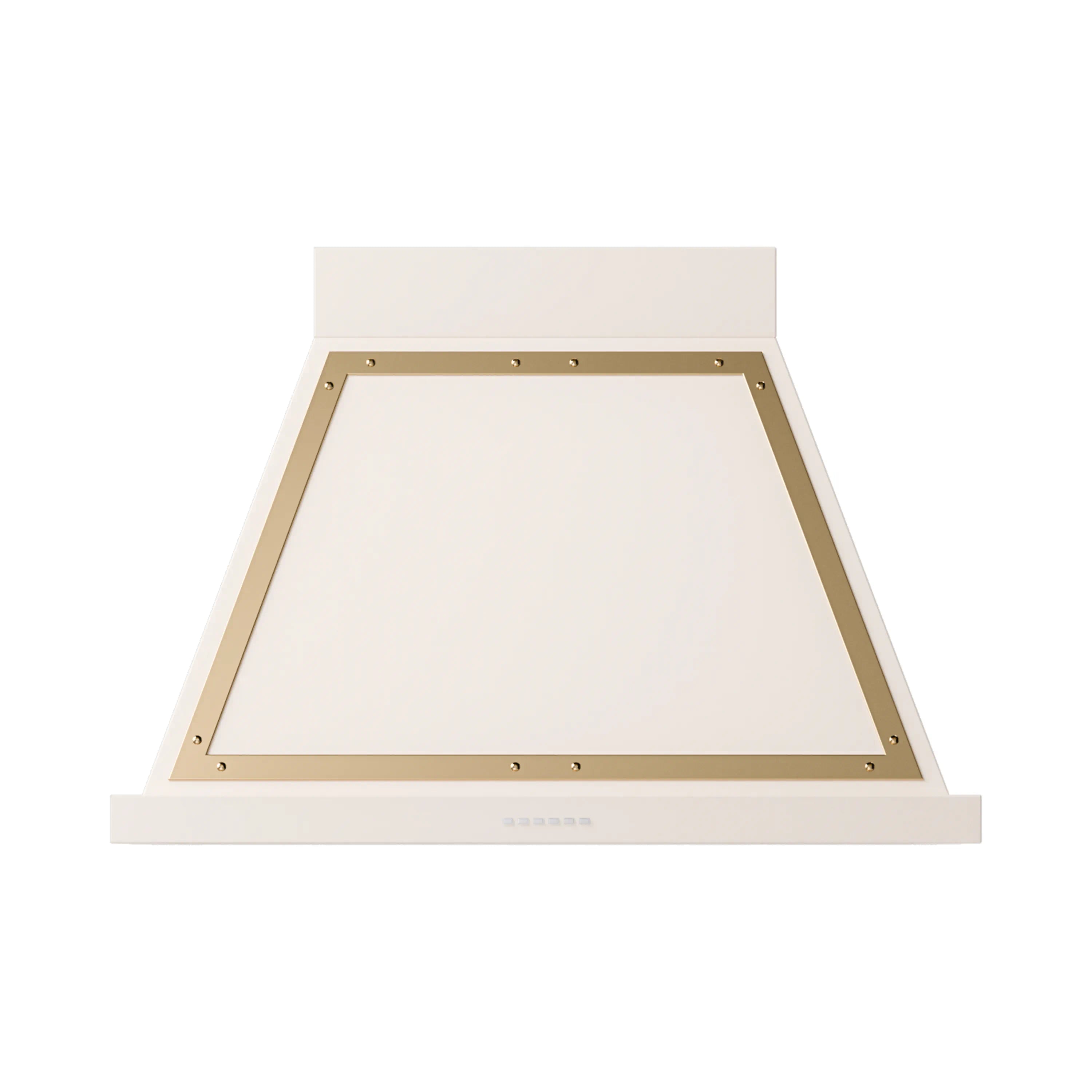 Antique white wall-mounted range hood with brass-trim underside frame