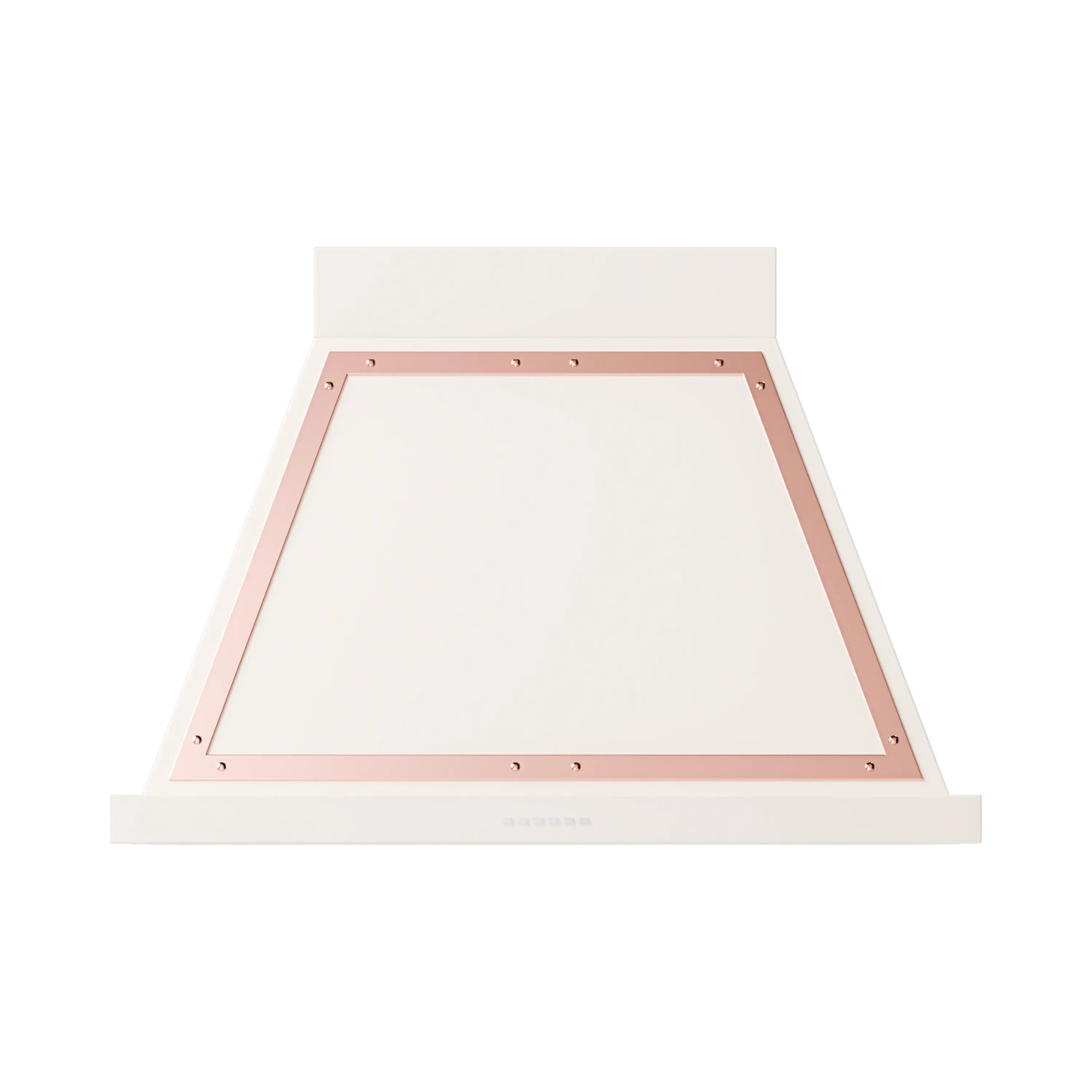 Wall-mounted range hood in antique white with copper-trimmed canopy underside