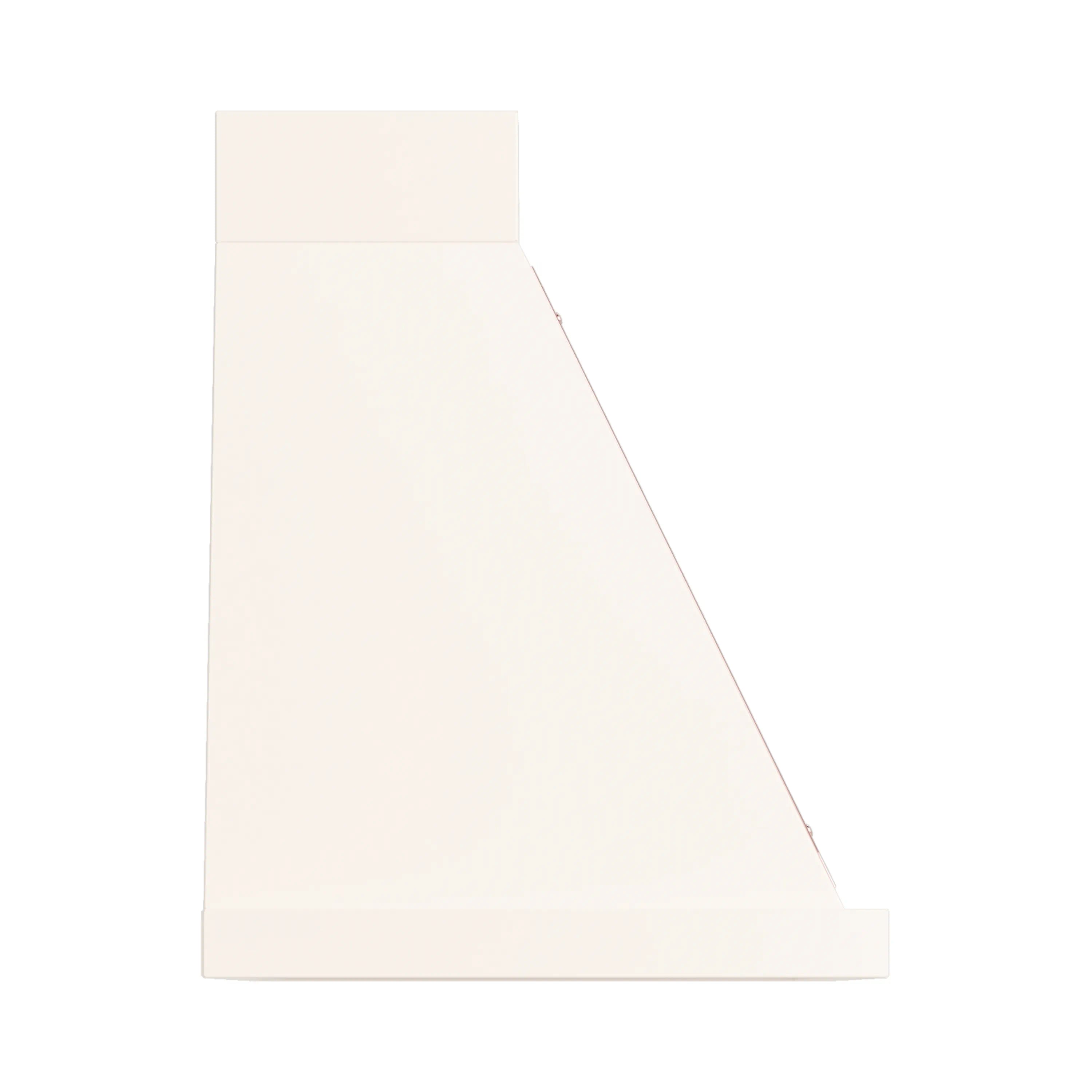 Wall-mounted range hood back panel in antique white with copper accents